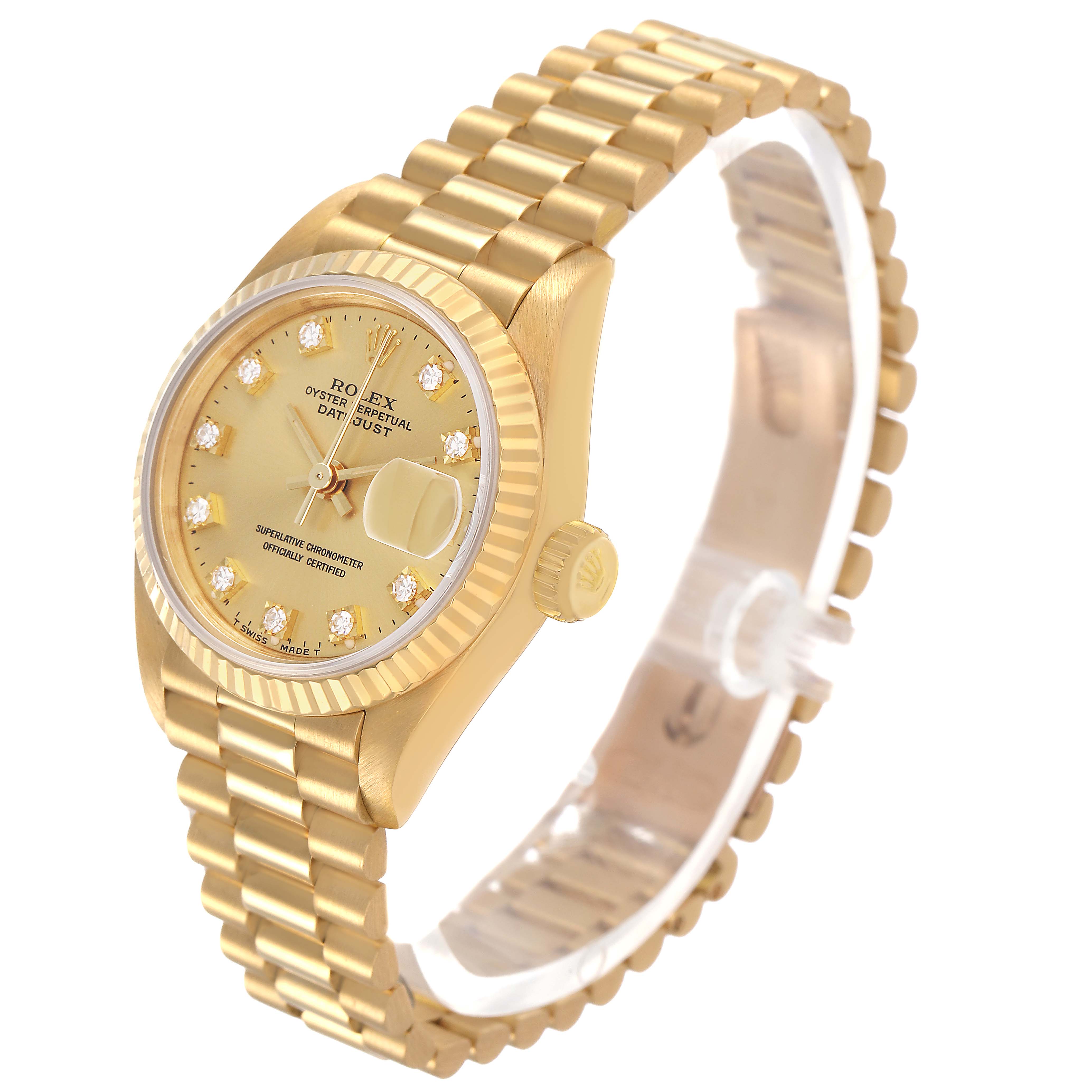 The image shows a side view of a Rolex President 69178 Men's Yellow Gold Champagne Dial model watch, highlighting the band, crown, and dial with a date window.
