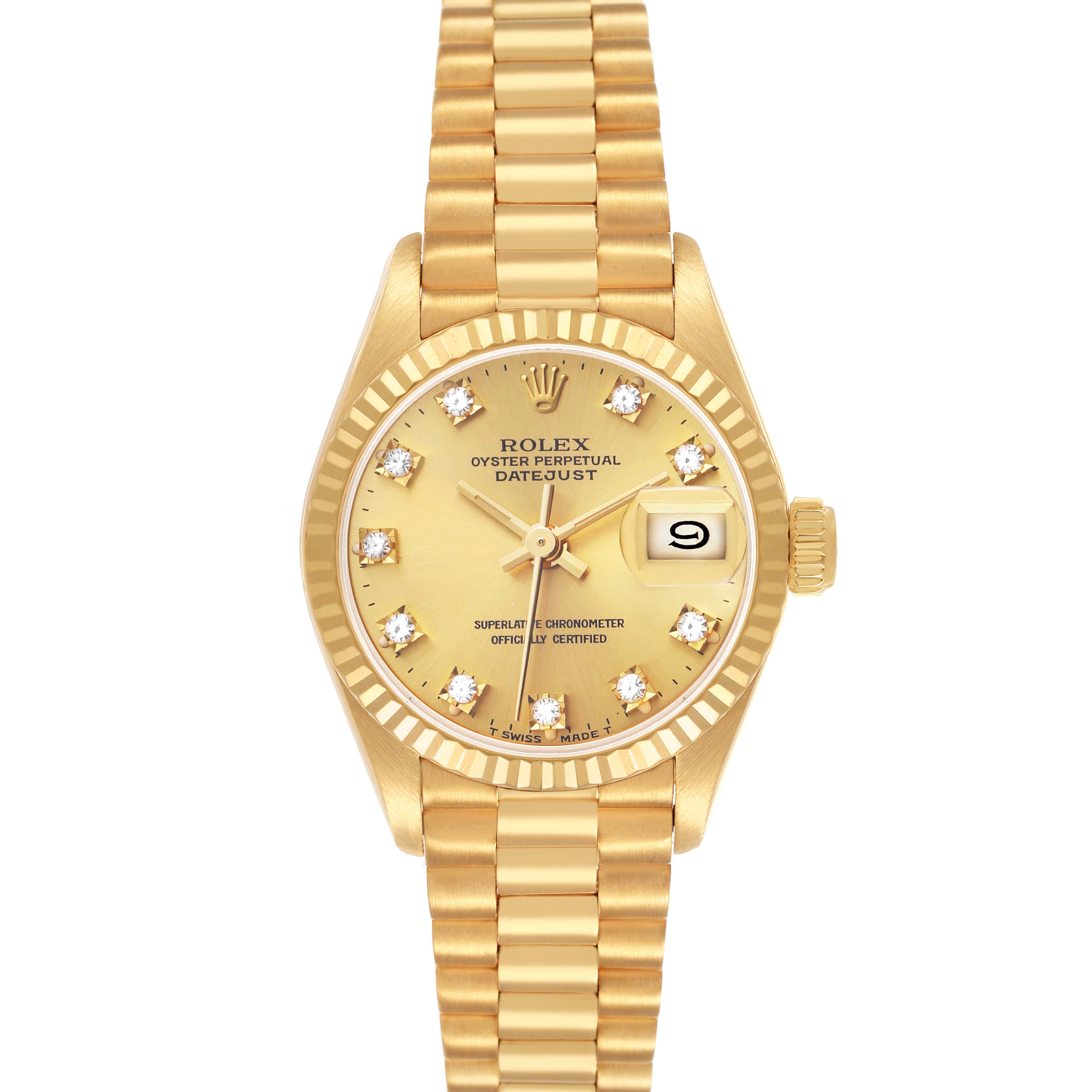 The Rolex President 69178 Men's Yellow Gold Champagne Dial model watch is shown from a top-down angle, highlighting the dial, bezel, bracelet, and date window.