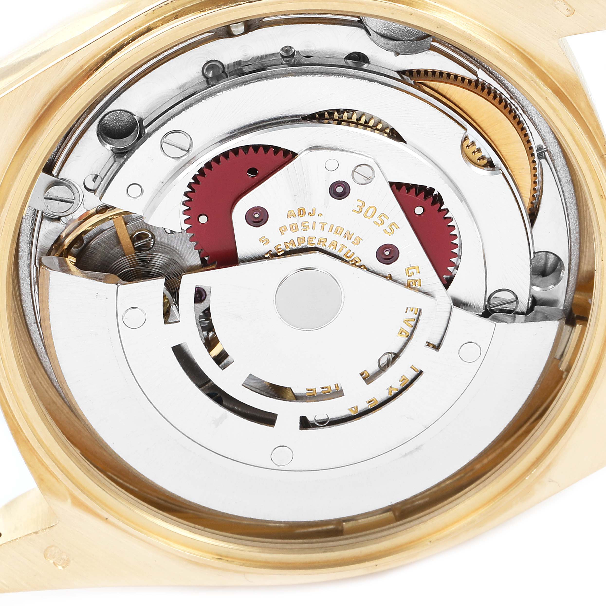 The image shows the inner mechanical movement of a Rolex President 18038 Men
s Yellow Gold Champagne Dial 18038 Men
s Yellow Gold Champagne Dial model, viewed from the back.