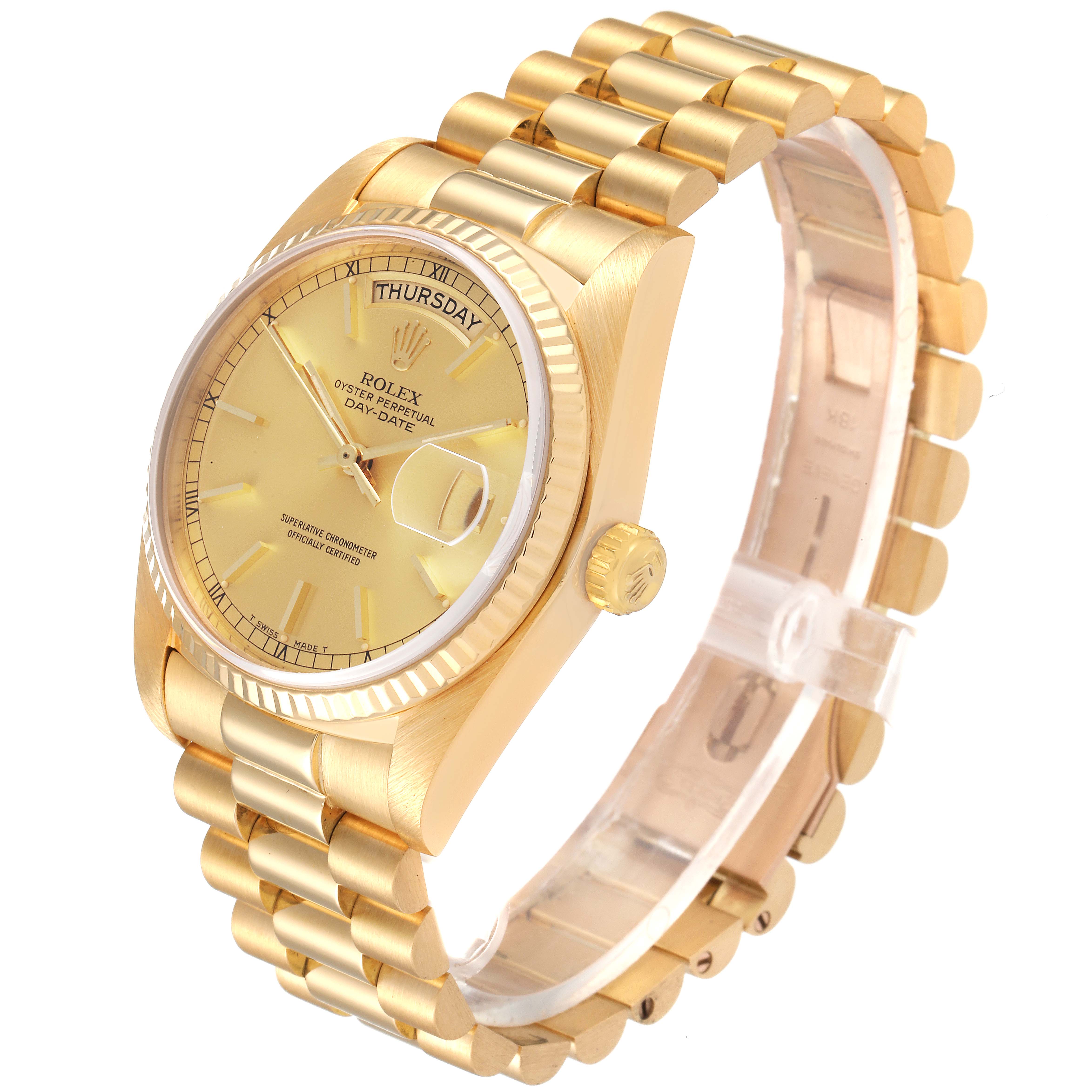 The Rolex President 18038 Men
s Yellow Gold Champagne Dial 18038 Men
s Yellow Gold Champagne Dial model watch is displayed at an angle showing the face, bracelet, and crown.