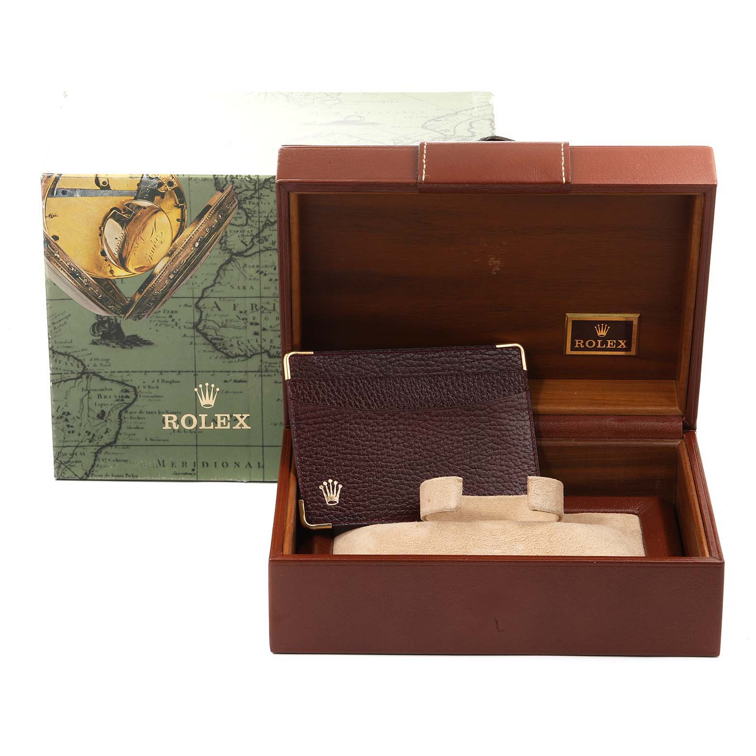 This image shows the packaging for a Rolex President 18038 Men
s Yellow Gold Champagne Dial 18038 Men
s Yellow Gold Champagne Dial model watch, including a wood box, outer box, and leather wallet.