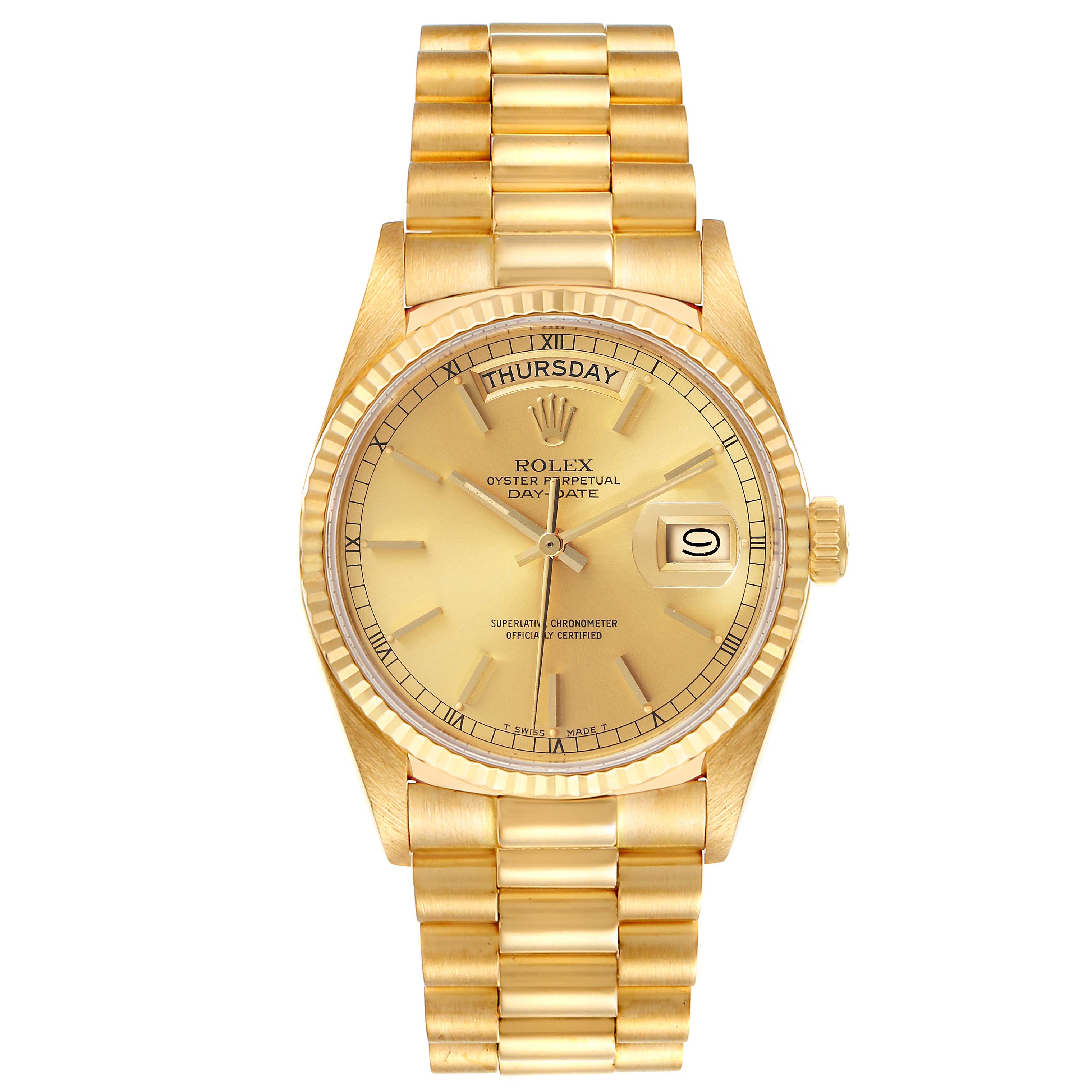 The Rolex President 18038 Men
s Yellow Gold Champagne Dial 18038 Men
s Yellow Gold Champagne Dial model watch is shown from a top-down angle, displaying its gold bracelet, dial, and day-date features.