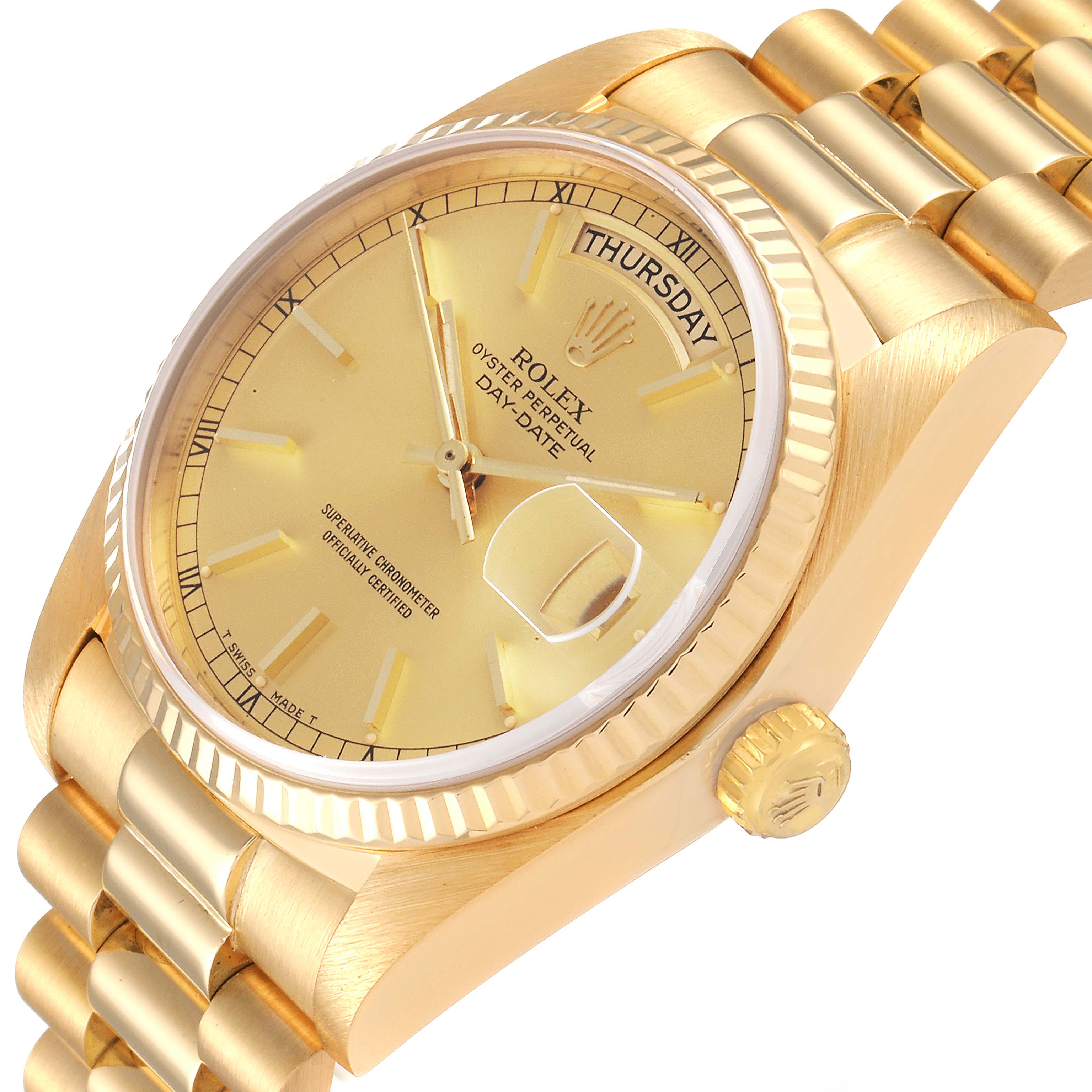 The image shows a close-up, angled view of a Rolex President 18038 Men
s Yellow Gold Champagne Dial 18038 Men
s Yellow Gold Champagne Dial Day-Date watch, highlighting its face, crown, and part of the bracelet.