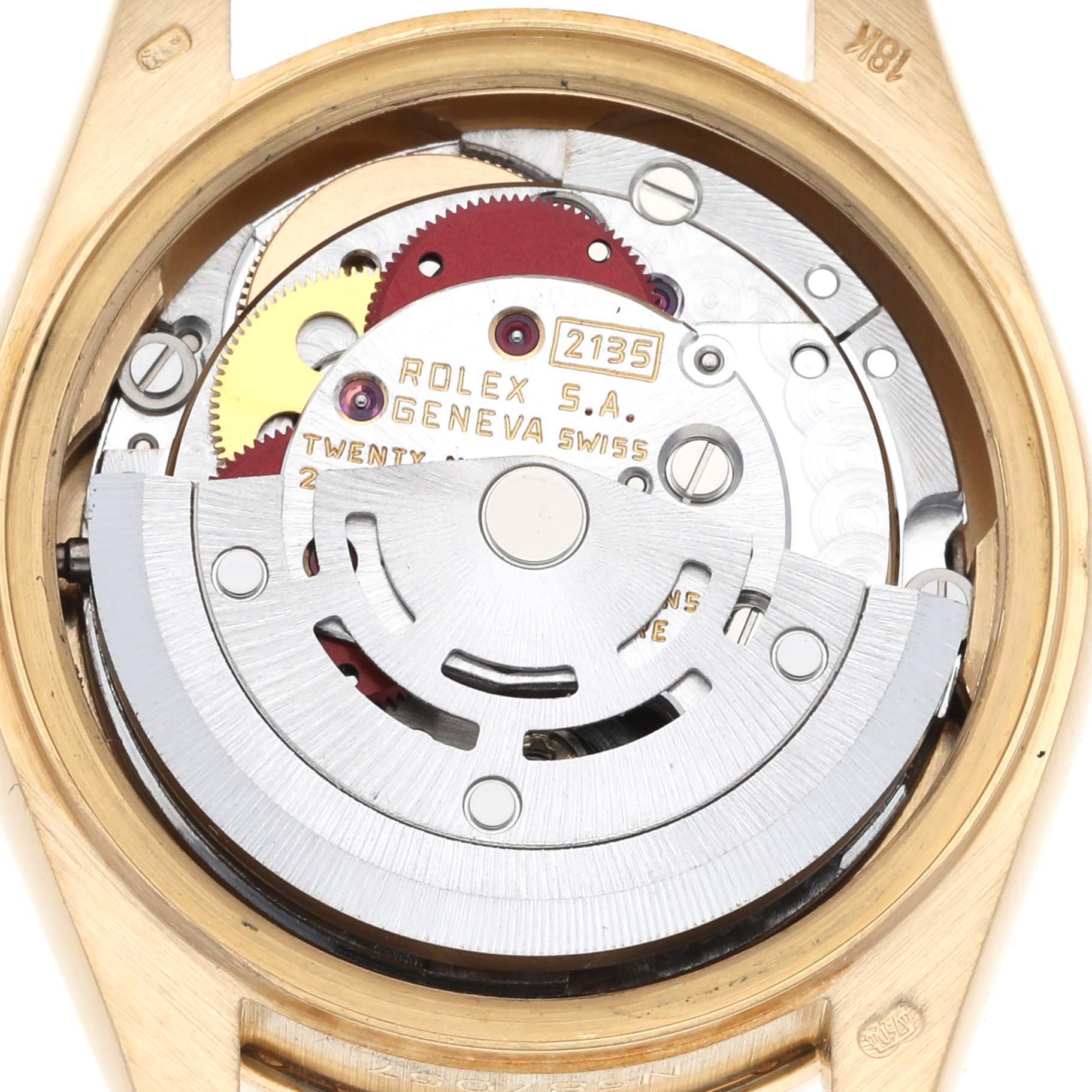 This image shows the internal mechanism of a Rolex President 69158 Women's Yellow Gold White Dial 69158 Women's Yellow Gold White Dial watch, viewed from the back without the case back on.
