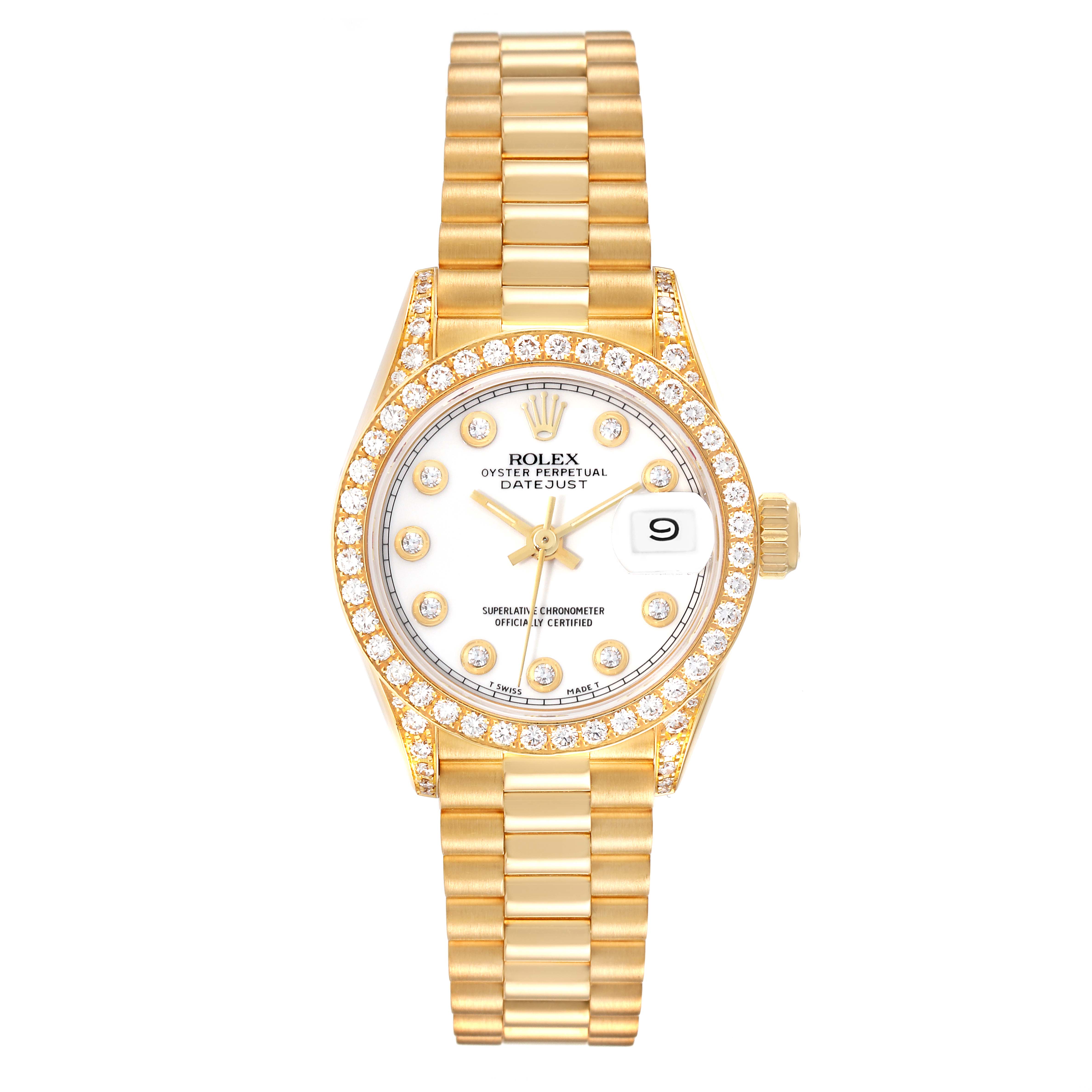 The image shows a front view of the Rolex President 69158 Women's Yellow Gold White Dial 69158 Women's Yellow Gold White Dial model, with a gold bracelet and a diamond-studded bezel.