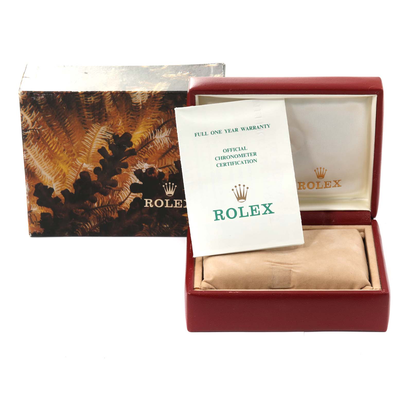 The image shows the packaging for the Rolex President 69158 Women's Yellow Gold White Dial 69158 Women's Yellow Gold White Dial model, including a box and warranty paperwork.