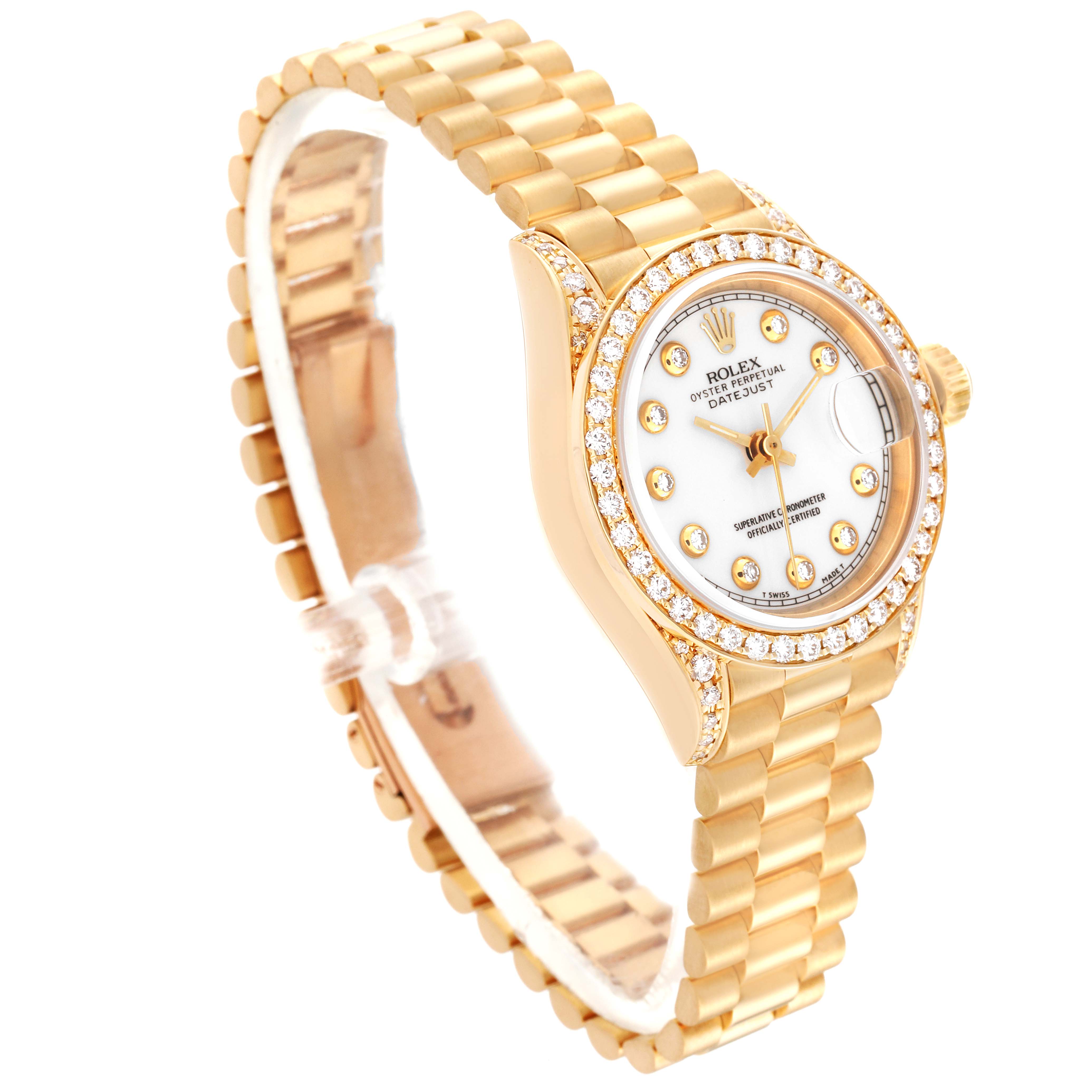 This image shows a Rolex President 69158 Women's Yellow Gold White Dial 69158 Women's Yellow Gold White Dial model watch at a 3/4th angle, displaying its gold bracelet, bezel, and dial with diamond hour markers.