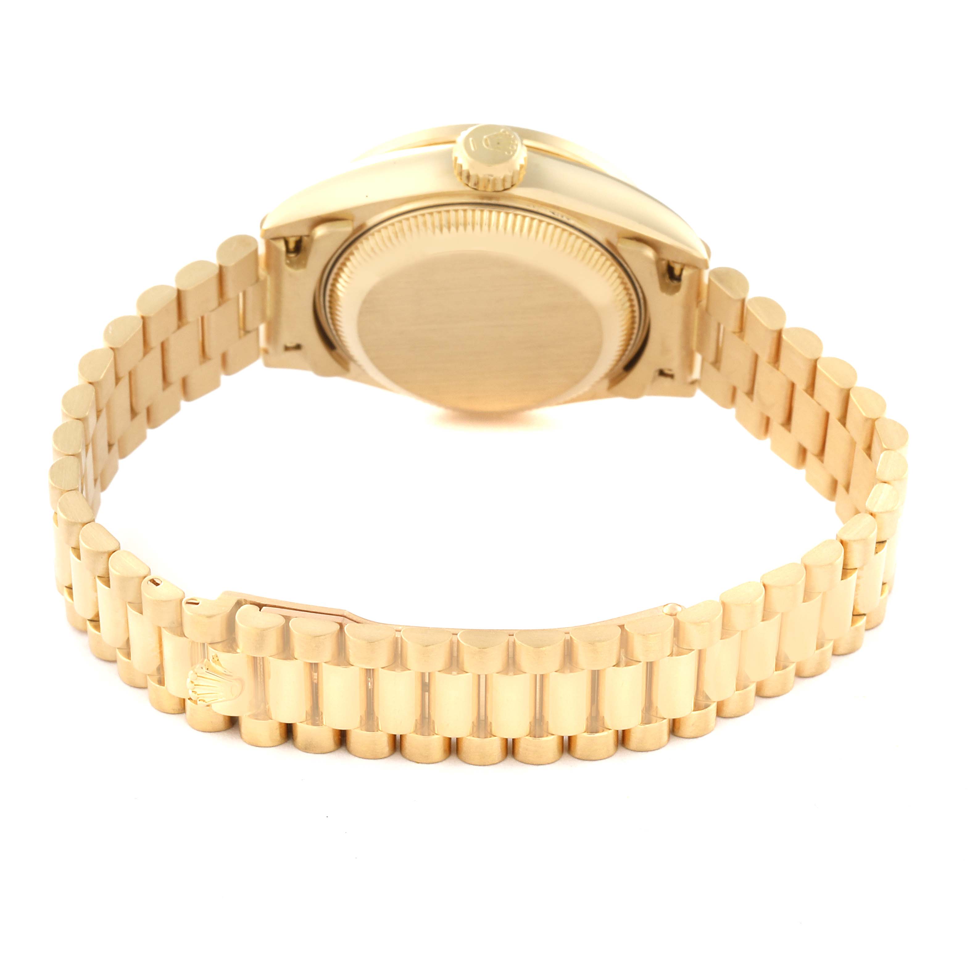 The image displays the back view of a Rolex President 69158 Women's Yellow Gold White Dial 69158 Women's Yellow Gold White Dial model watch, showing the case back and bracelet.