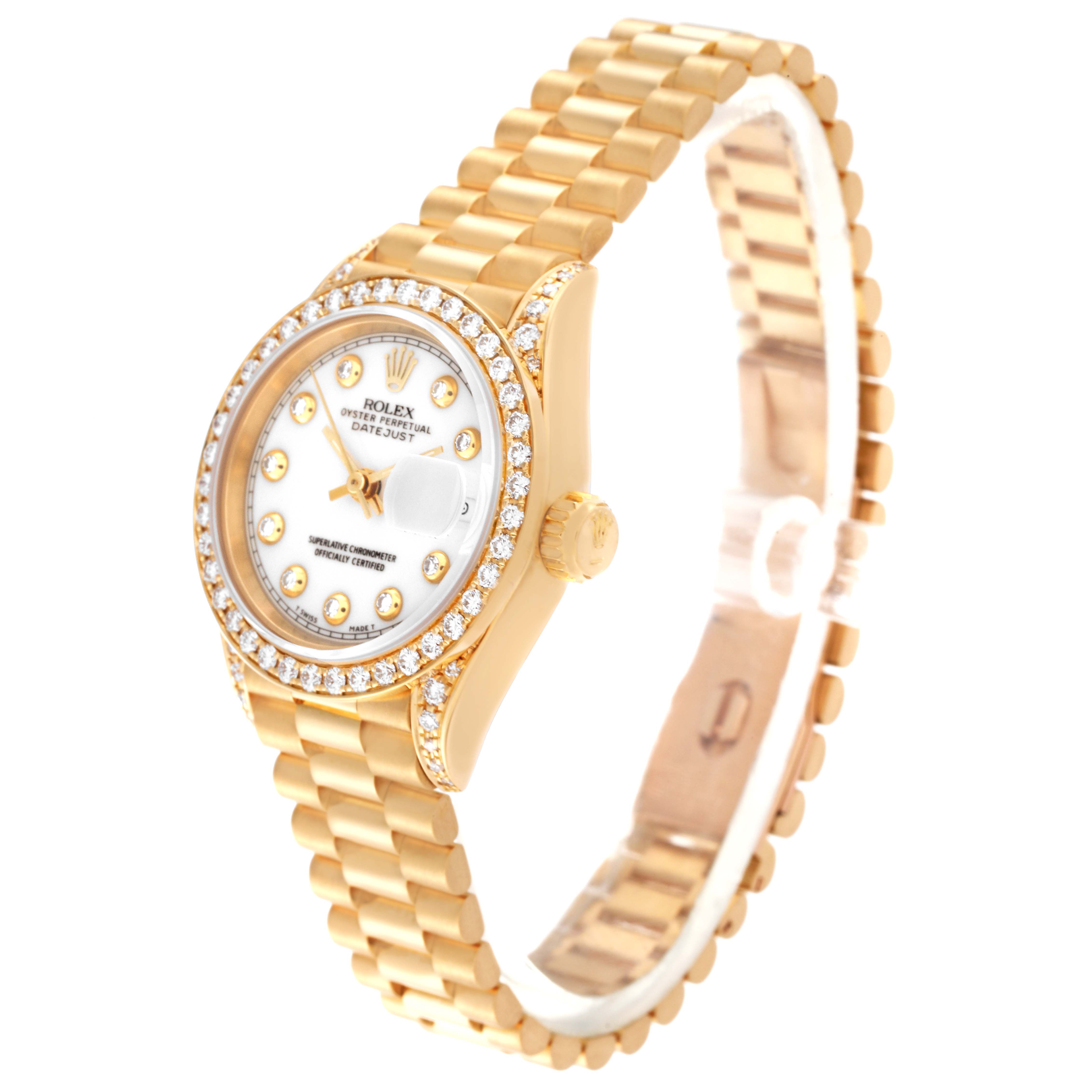The image shows a Rolex President 69158 Women's Yellow Gold White Dial 69158 Women's Yellow Gold White Dial model watch from an oblique angle, highlighting the bracelet, case, bezel, and dial.