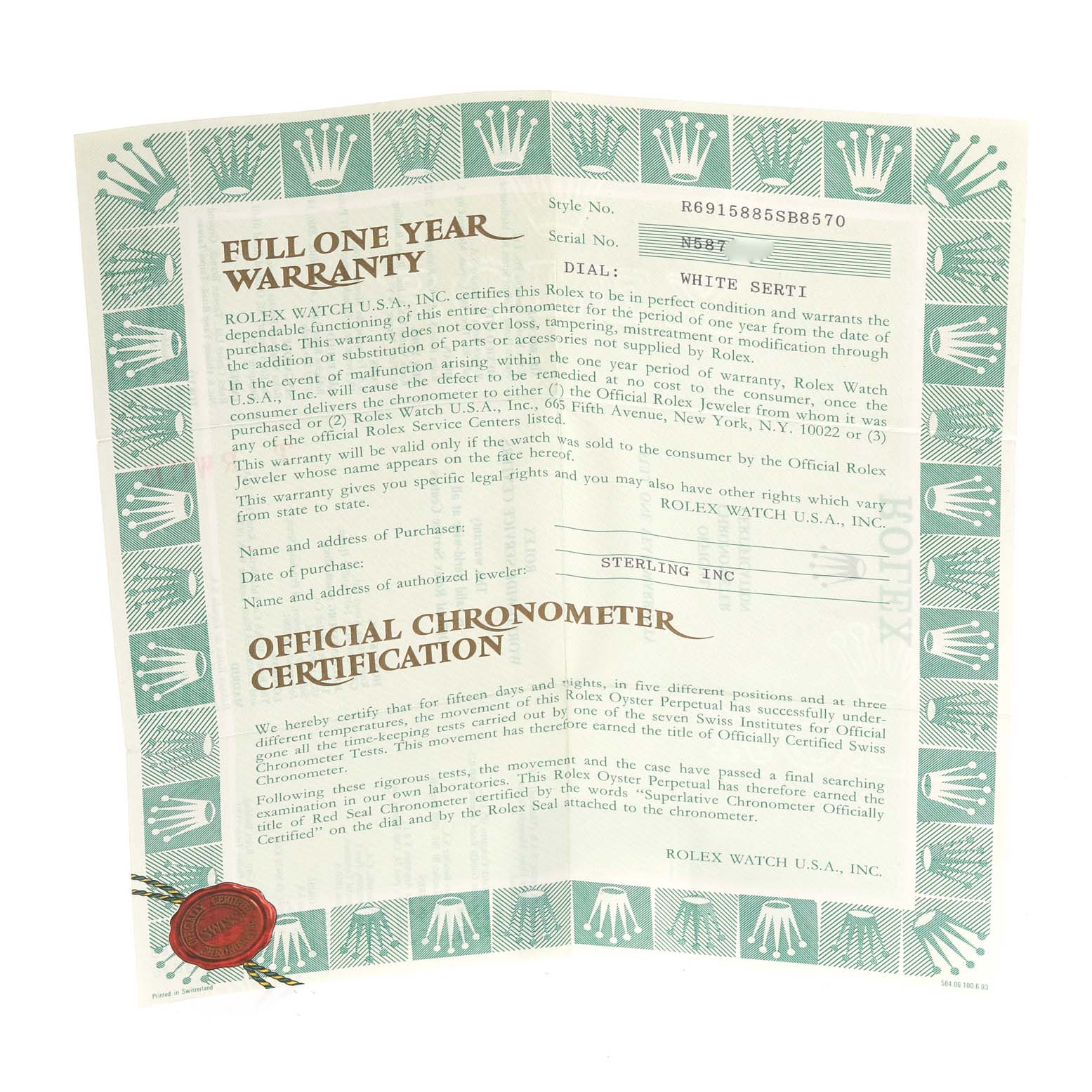 The image shows a warranty and chronometer certification paper for a Rolex President 69158 Women's Yellow Gold White Dial 69158 Women's Yellow Gold White Dial model watch.