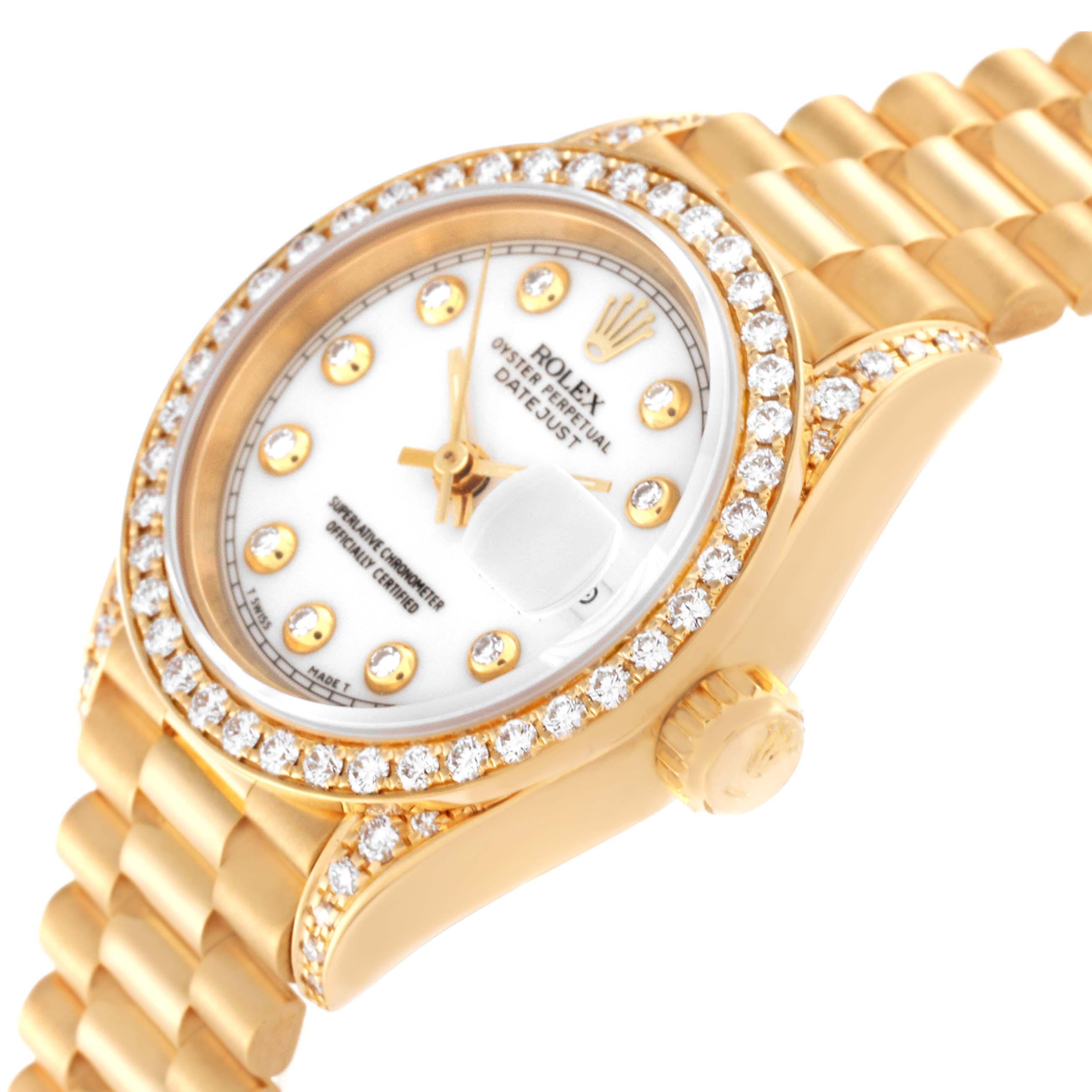 This image shows a close-up of a Rolex President 69158 Women's Yellow Gold White Dial 69158 Women's Yellow Gold White Dial Datejust watch, focusing on the dial, bezel, crown, and part of the bracelet.