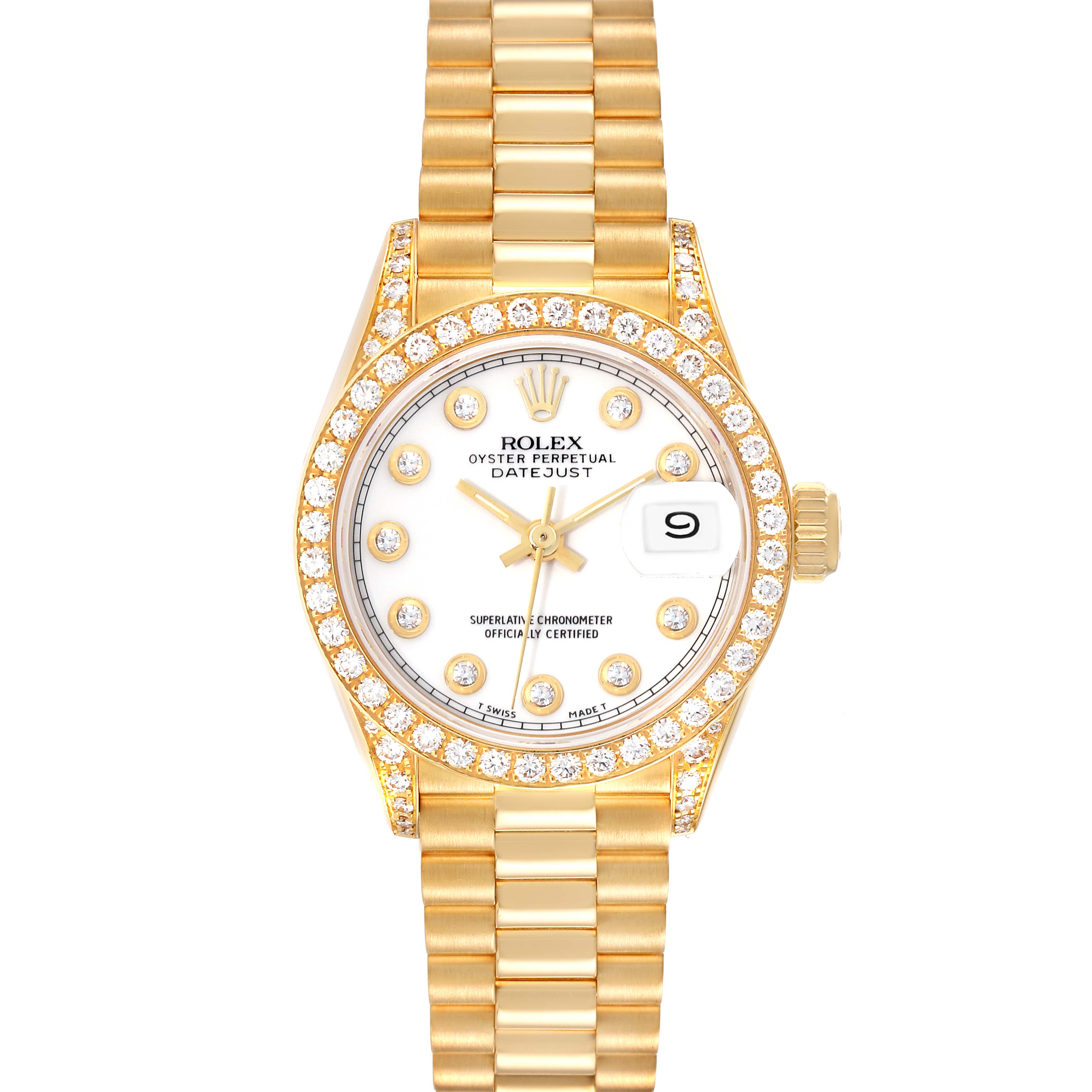 This image shows a frontal view of a Rolex President 69158 Women's Yellow Gold White Dial 69158 Women's Yellow Gold White Dial model watch, displaying its dial, bezel, and bracelet.
