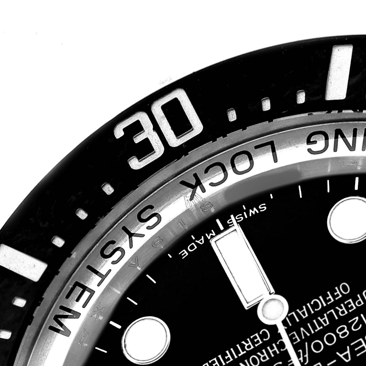 The image shows a close-up of the bezel and dial of the Rolex Sea-Dweller 116660 Men's Stainless Steel Black Dial, focusing on the 30-minute marker and "RING LOCK SYSTEM" text.