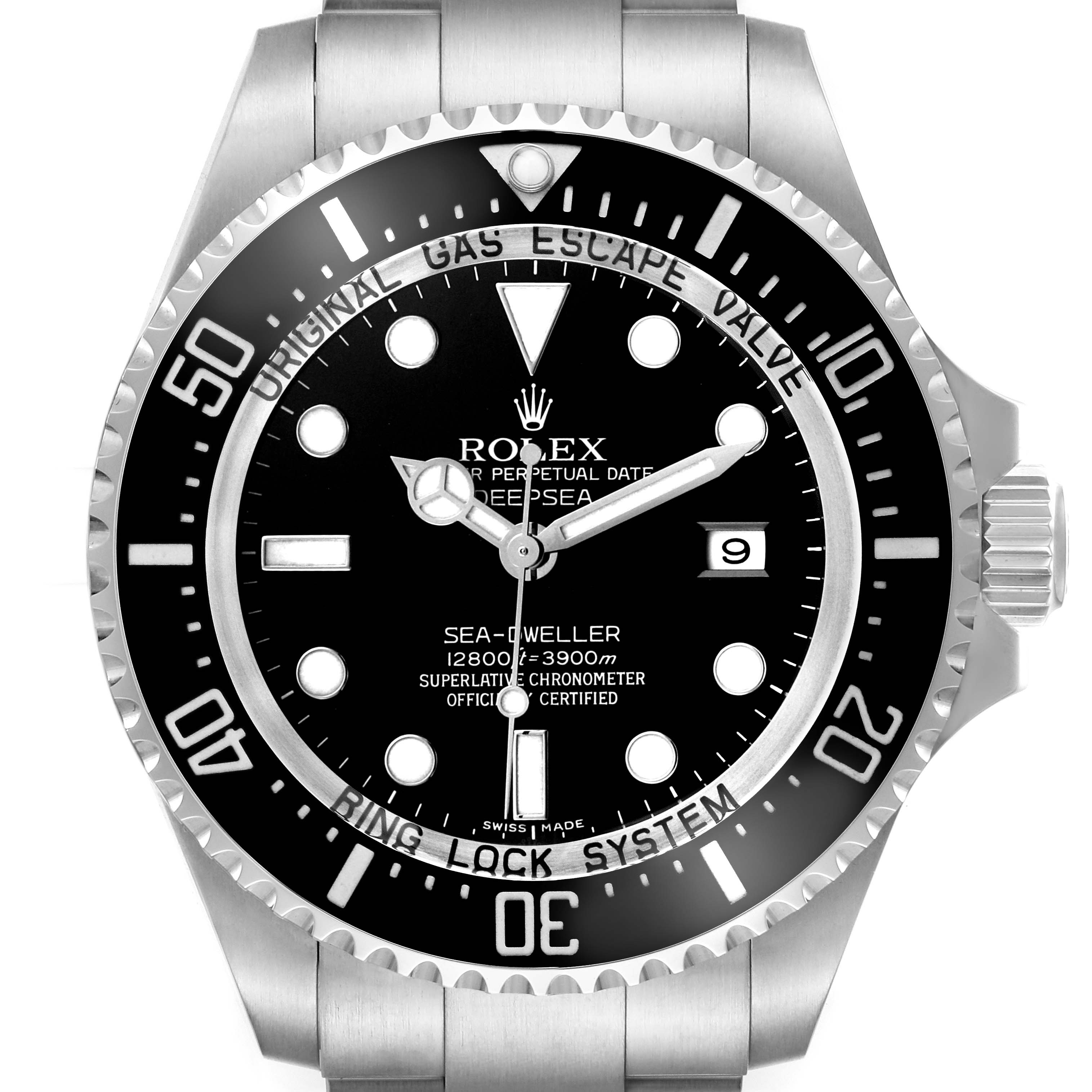 The Rolex Sea-Dweller 116660 Men's Stainless Steel Black Dial watch is shown from the front, highlighting the dial, bezel, and part of the bracelet.
