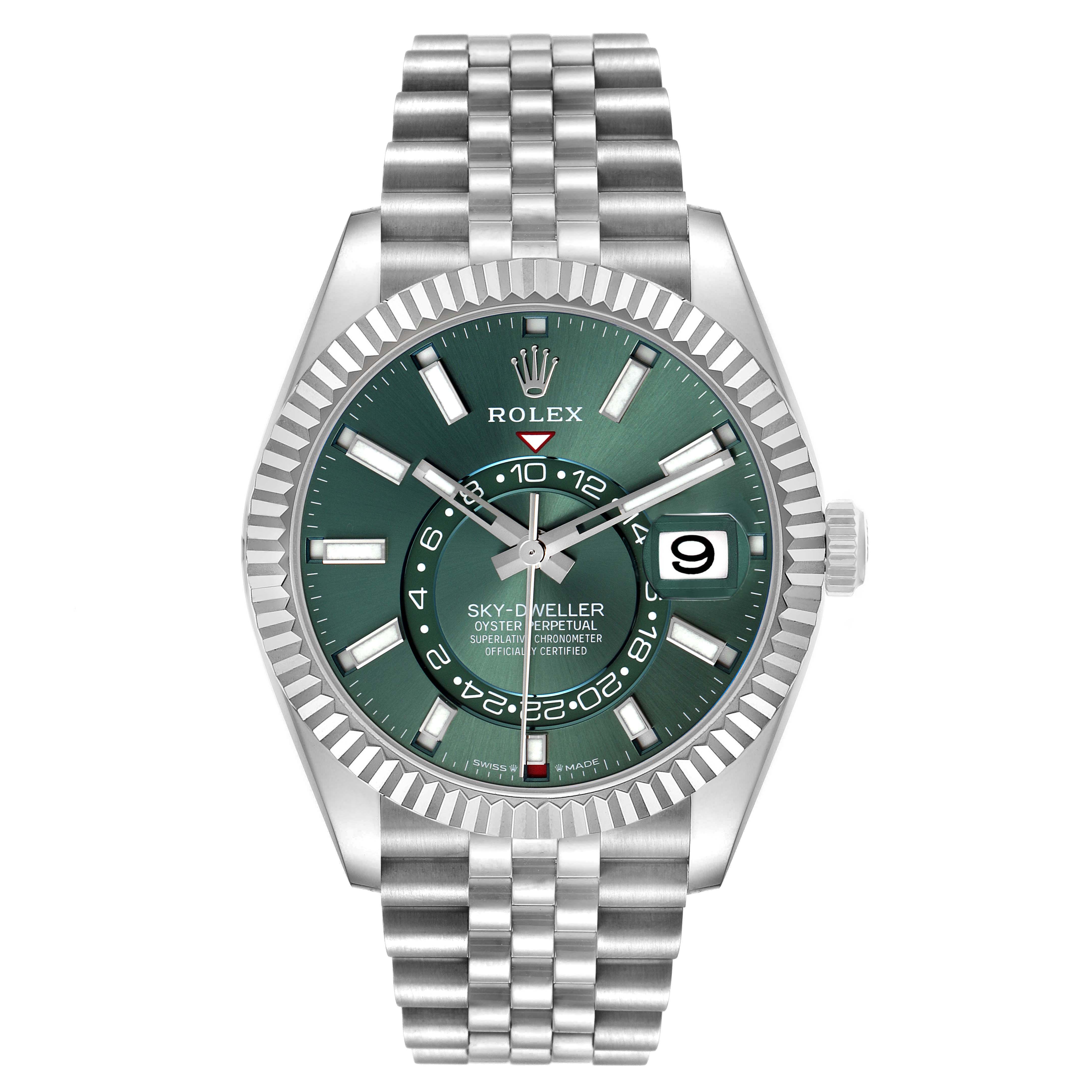The Rolex Sky-Dweller 336934 Men
s Stainless Steel Green Dial 336934 Men
s Stainless Steel Green Dial watch is shown from the front, displaying its green dial, fluted bezel, and Oyster bracelet.