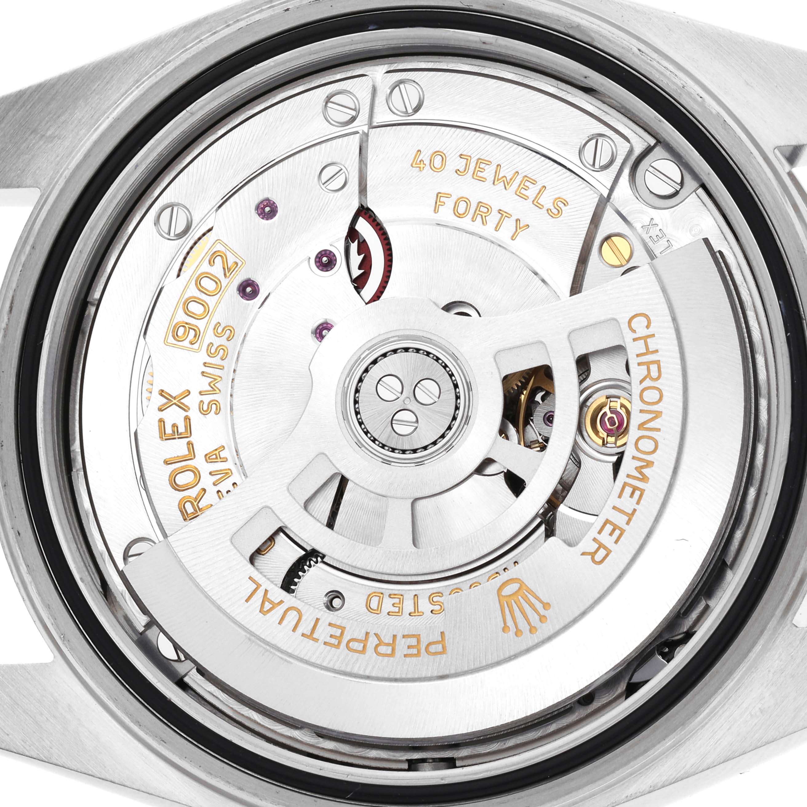 The image shows the Rolex Sky-Dweller 336934 Men
s Stainless Steel Green Dial 336934 Men
s Stainless Steel Green Dial
s movement from the back, highlighting the rotor and internal mechanics.