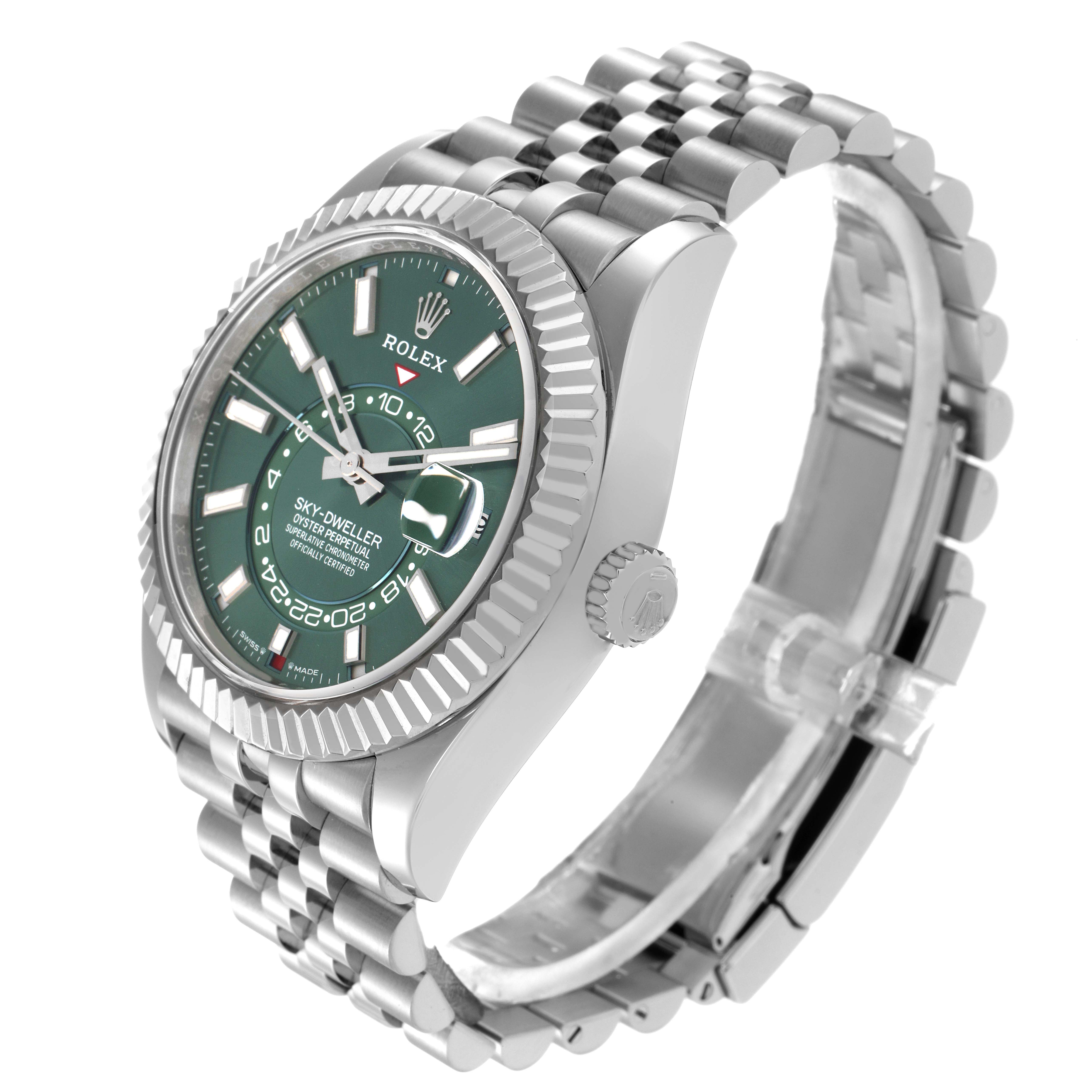 The Rolex Sky-Dweller 336934 Men
s Stainless Steel Green Dial 336934 Men
s Stainless Steel Green Dial watch is shown at a three-quarter angle, highlighting the dial, bezel, crown, and bracelet.