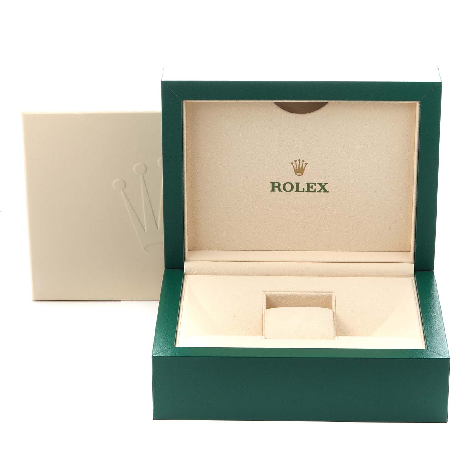 The image shows an open green and cream Rolex Sky-Dweller 336934 Men
s Stainless Steel Green Dial 336934 Men
s Stainless Steel Green Dial watch box, viewed from the front, without the watch inside.
