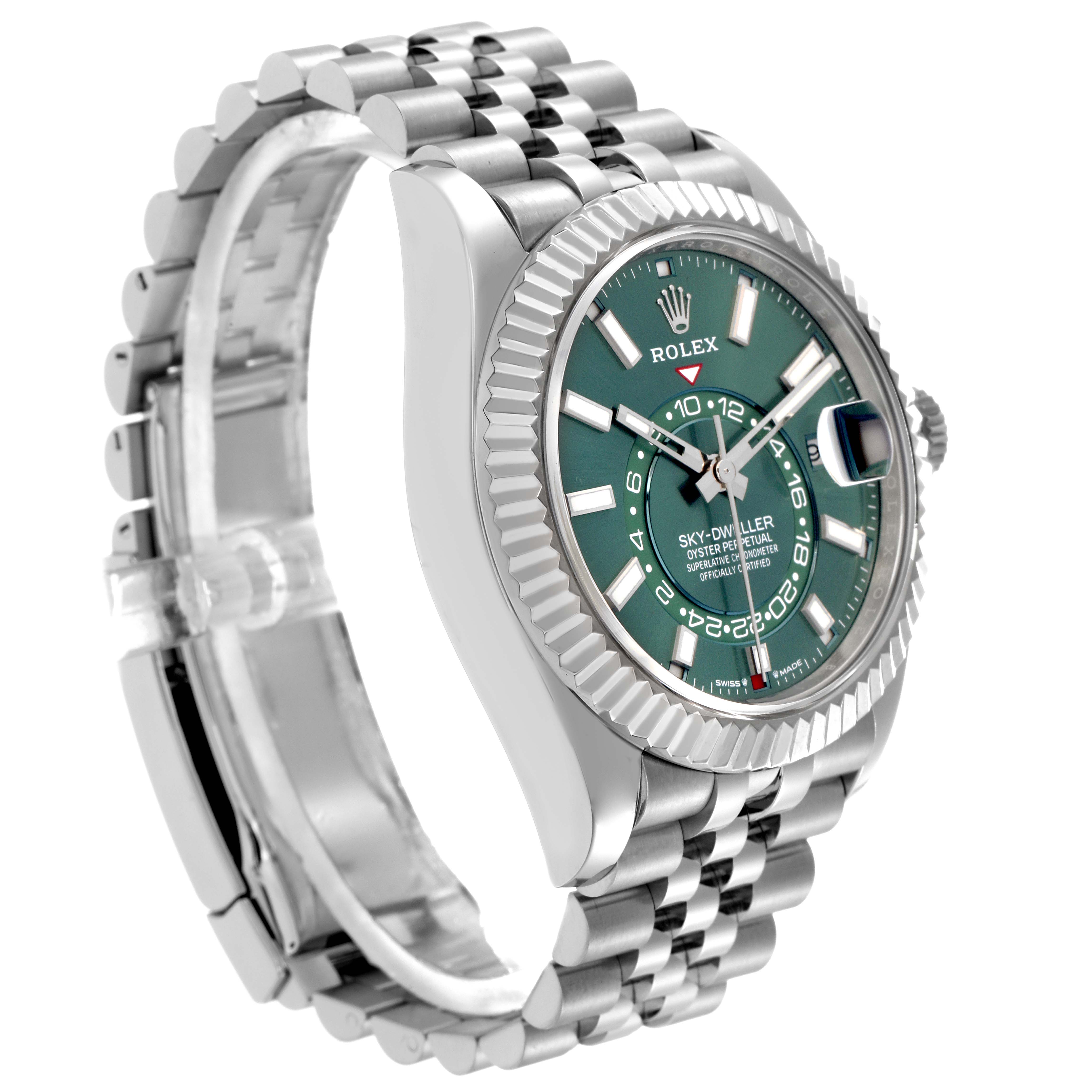 The Rolex Sky-Dweller 336934 Men
s Stainless Steel Green Dial 336934 Men
s Stainless Steel Green Dial is shown at an angle displaying the face, bezel, crown, and part of the bracelet.