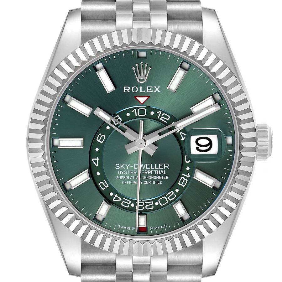 The Rolex Sky-Dweller is shown from the front, highlighting its face, hands, date window, and bracelet.