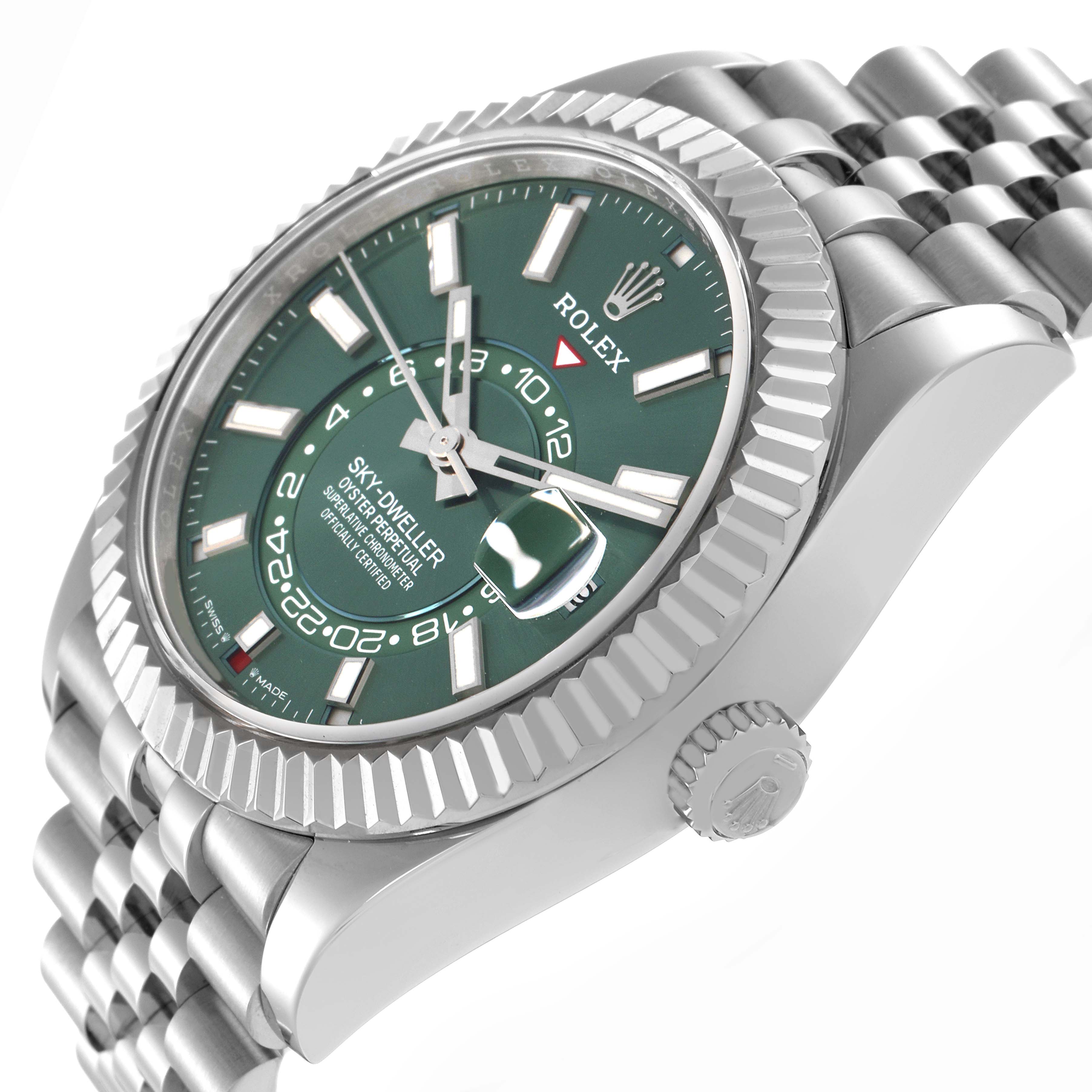 The Rolex Sky-Dweller 336934 Men
s Stainless Steel Green Dial 336934 Men
s Stainless Steel Green Dial watch is shown from a side angle, highlighting the bezel, dial, crown, and part of the bracelet.