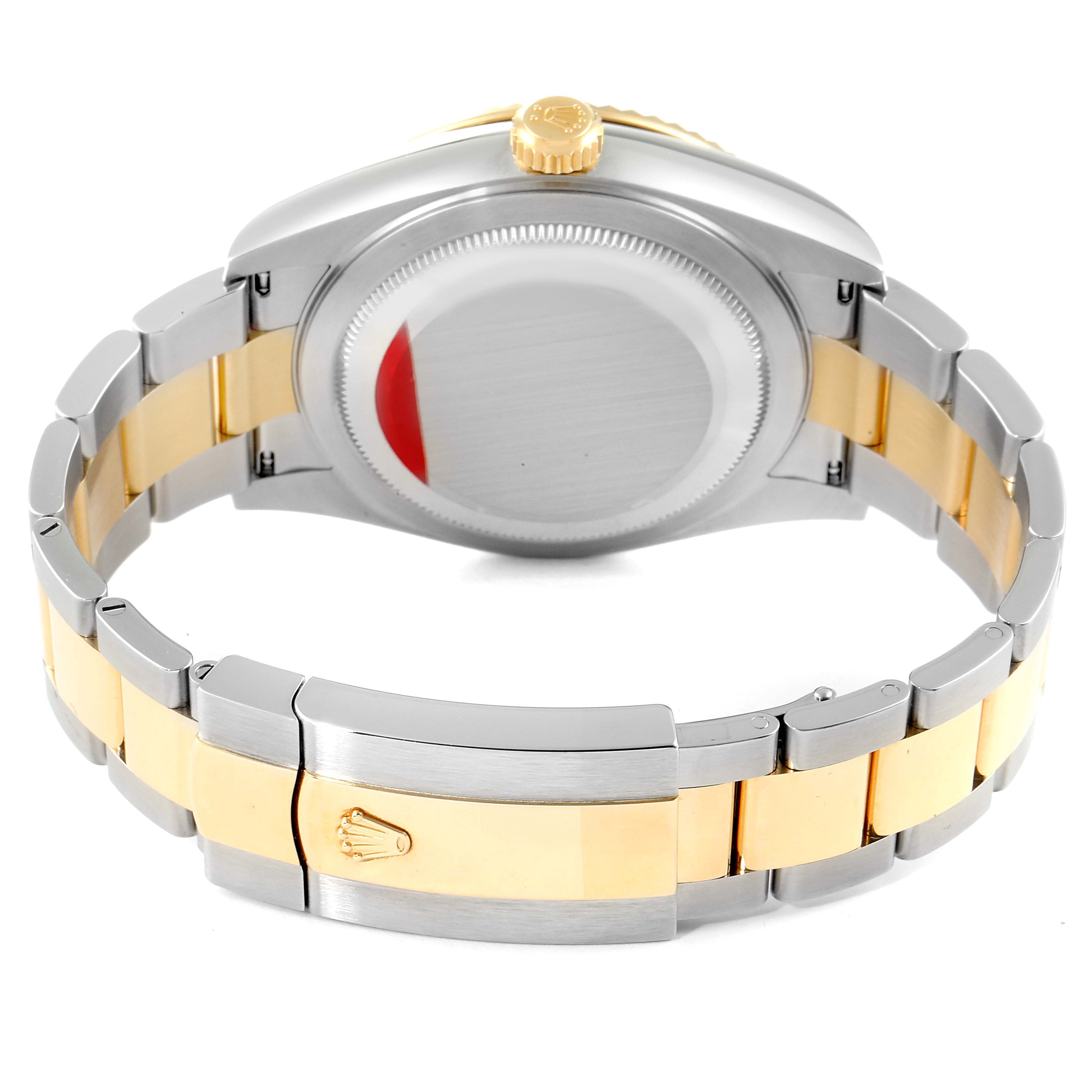 The image shows the back case and bracelet of a Rolex Sky-Dweller 326933 Men's Steel and Gold (two tone) White Dial 326933 Men's Steel and Gold (two tone) White Dial watch, focusing on the clasp and the crown.