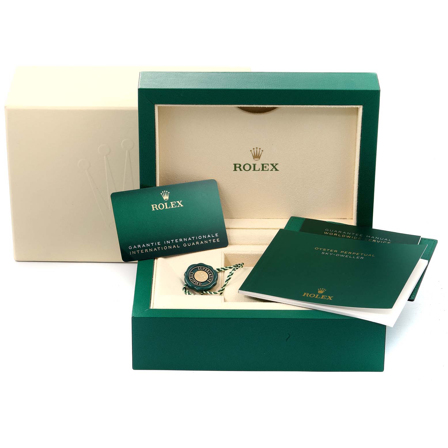 The image shows the packaging for a Rolex Sky-Dweller 326933 Men's Steel and Gold (two tone) White Dial 326933 Men's Steel and Gold (two tone) White Dial watch, including the box, warranty card, and manuals.