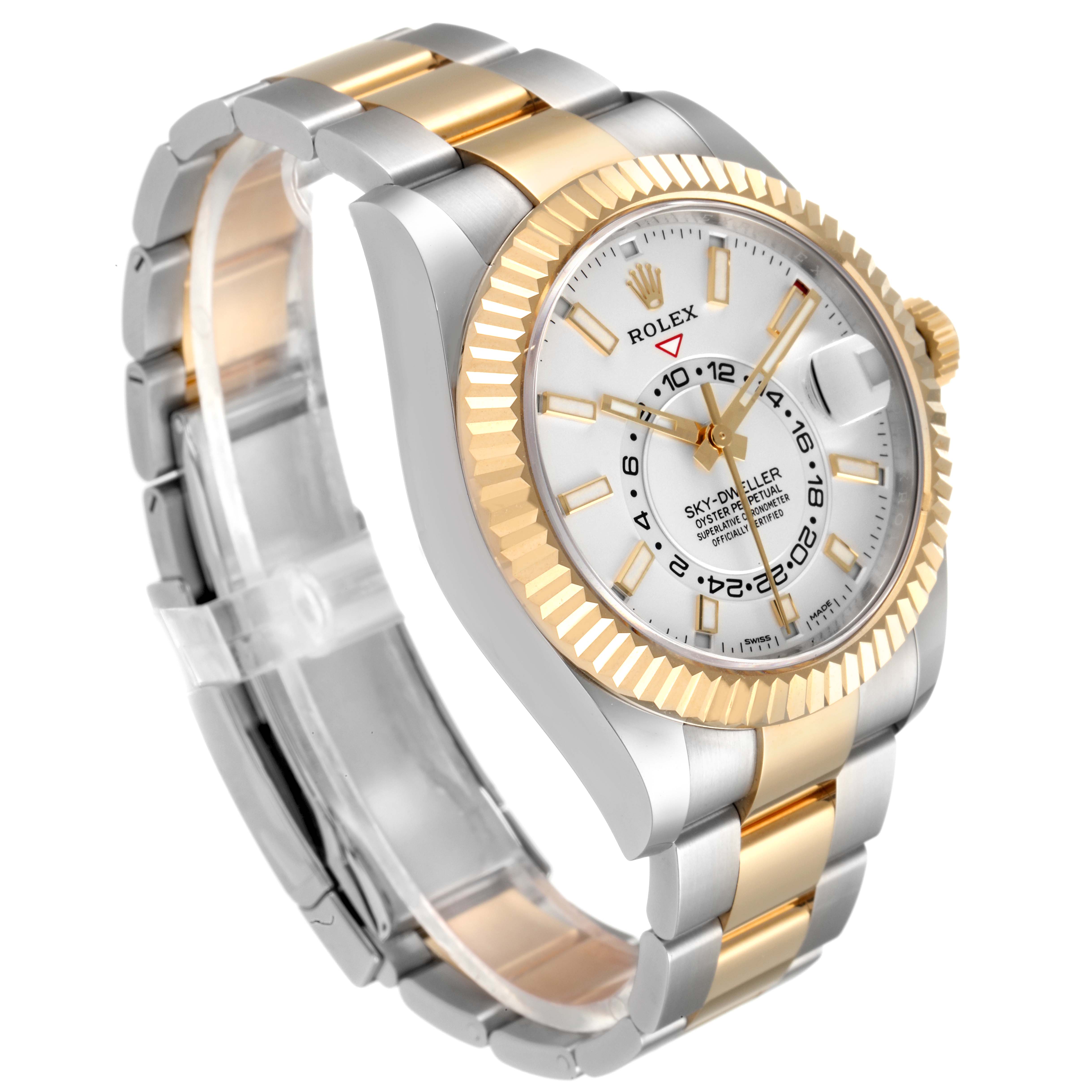 The image shows a Rolex Sky-Dweller 326933 Men's Steel and Gold (two tone) White Dial 326933 Men's Steel and Gold (two tone) White Dial watch at a side angle, highlighting the dial, bezel, bracelet, and crown.