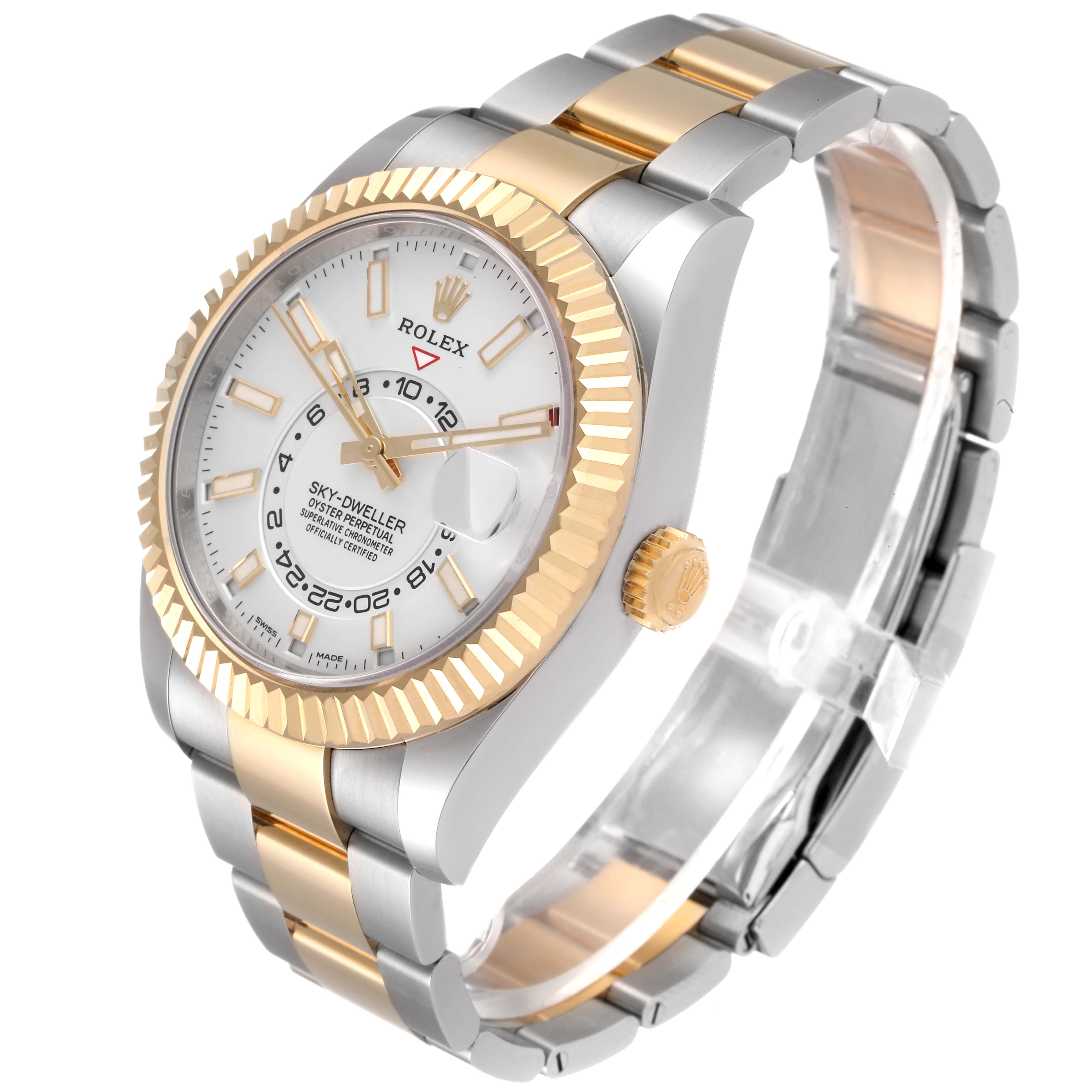 The image shows a Rolex Sky-Dweller 326933 Men's Steel and Gold (two tone) White Dial 326933 Men's Steel and Gold (two tone) White Dial watch at a three-quarter angle, highlighting its gold bezel, white dial, and two-tone bracelet.