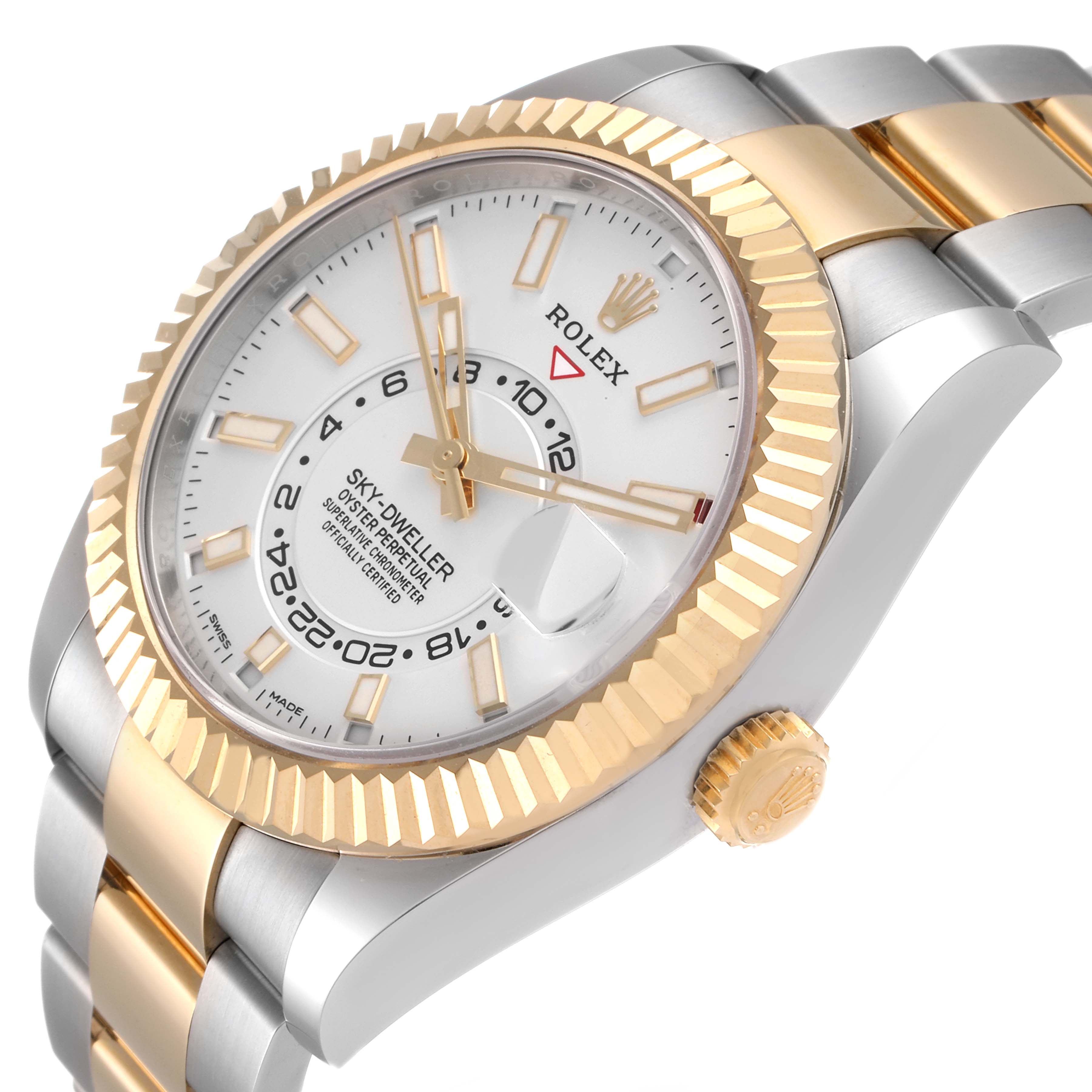 The image shows a close-up angled view of a Rolex Sky-Dweller 326933 Men's Steel and Gold (two tone) White Dial 326933 Men's Steel and Gold (two tone) White Dial watch, highlighting its dial, bezel, and part of the bracelet.