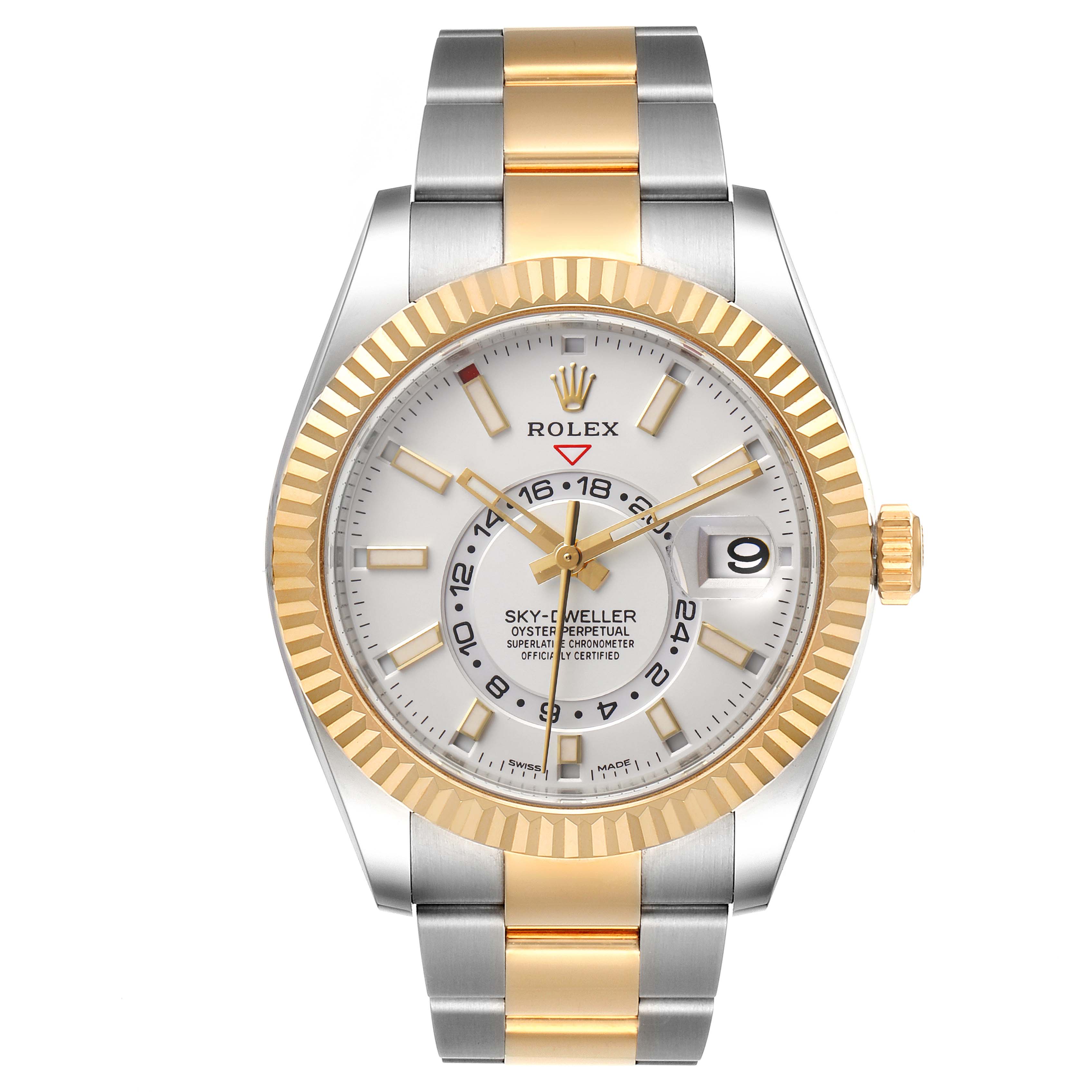The image shows a front view of the Rolex Sky-Dweller 326933 Men's Steel and Gold (two tone) White Dial 326933 Men's Steel and Gold (two tone) White Dial, highlighting its two-tone bracelet, fluted bezel, and detailed dial.