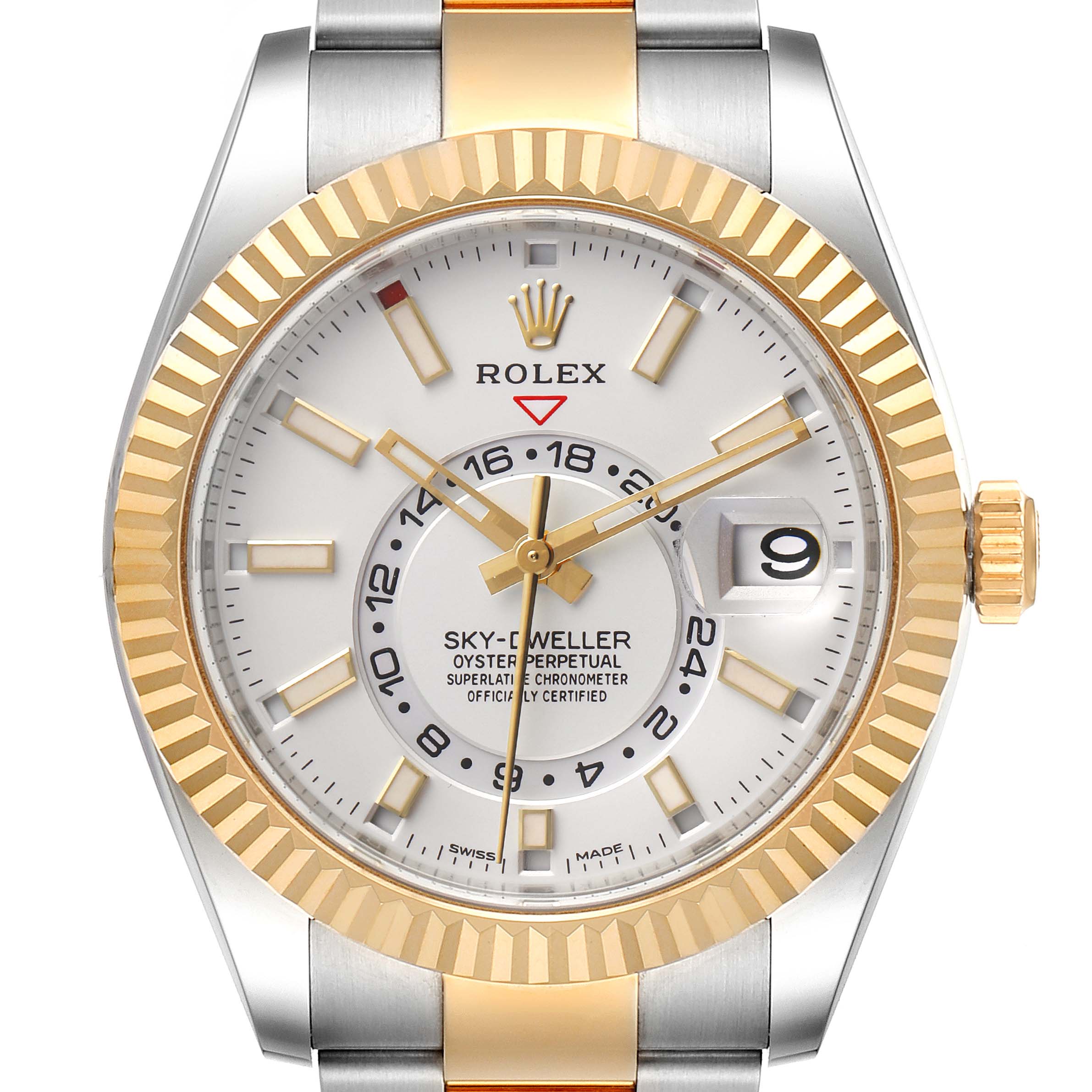 This image shows a front view of the Rolex Sky-Dweller 326933 Men's Steel and Gold (two tone) White Dial 326933 Men's Steel and Gold (two tone) White Dial, highlighting its dial, bezel, and part of the bracelet.