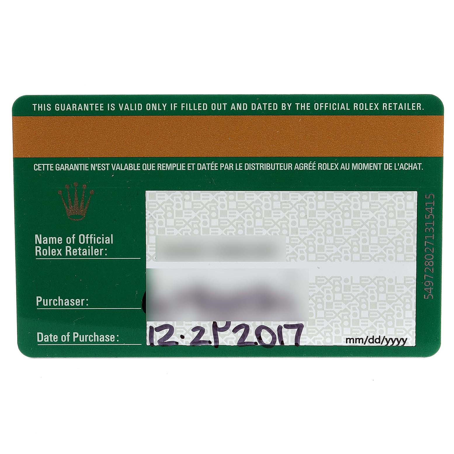 This image shows the warranty card for a Rolex Submariner 114060 Men
s Stainless Steel Black Dial 114060 Men
s Stainless Steel Black Dial watch, laying flat with purchase details visible.