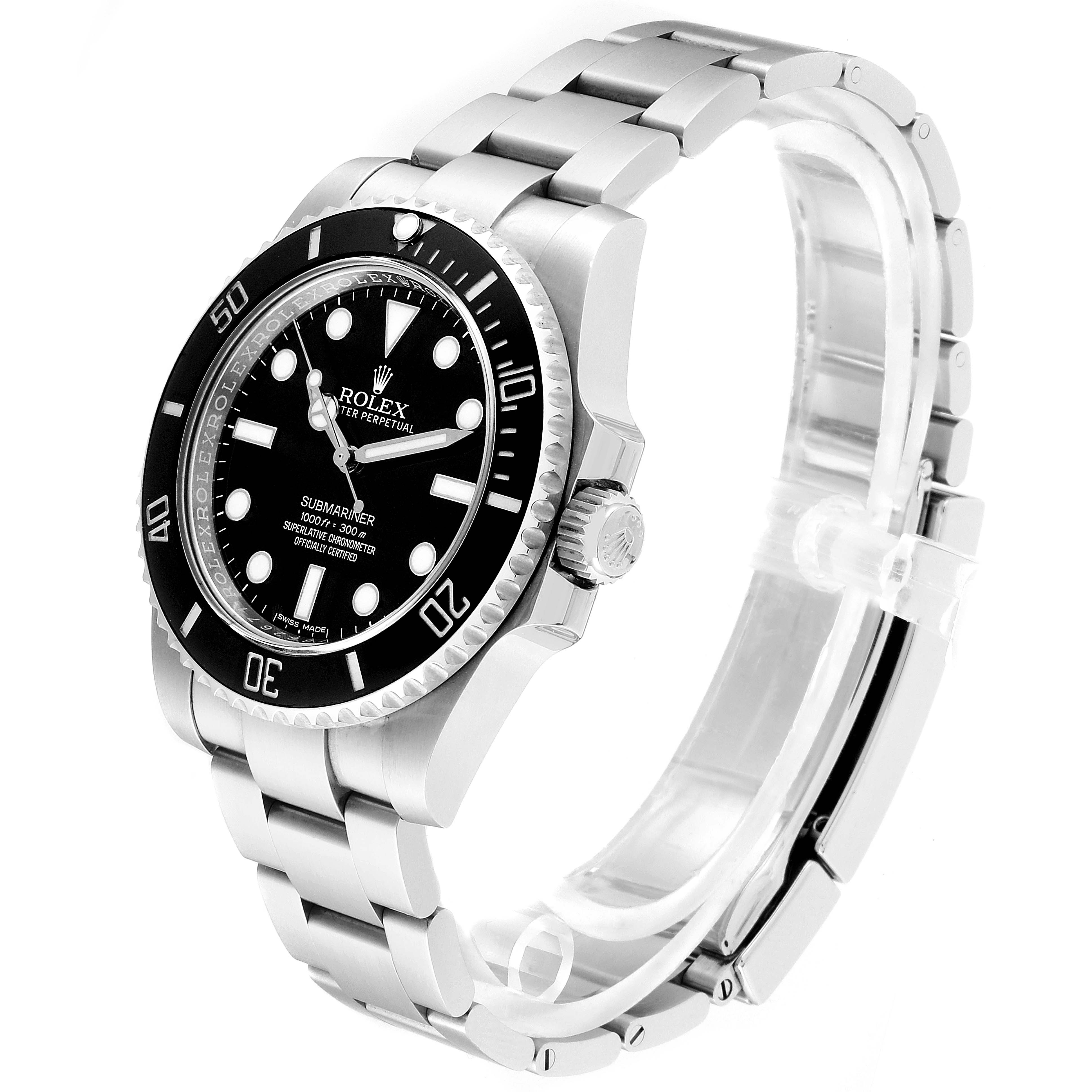 This image shows a Rolex Submariner 114060 Men
s Stainless Steel Black Dial 114060 Men
s Stainless Steel Black Dial watch at an angled side view, highlighting the dial, bezel, crown, and bracelet.