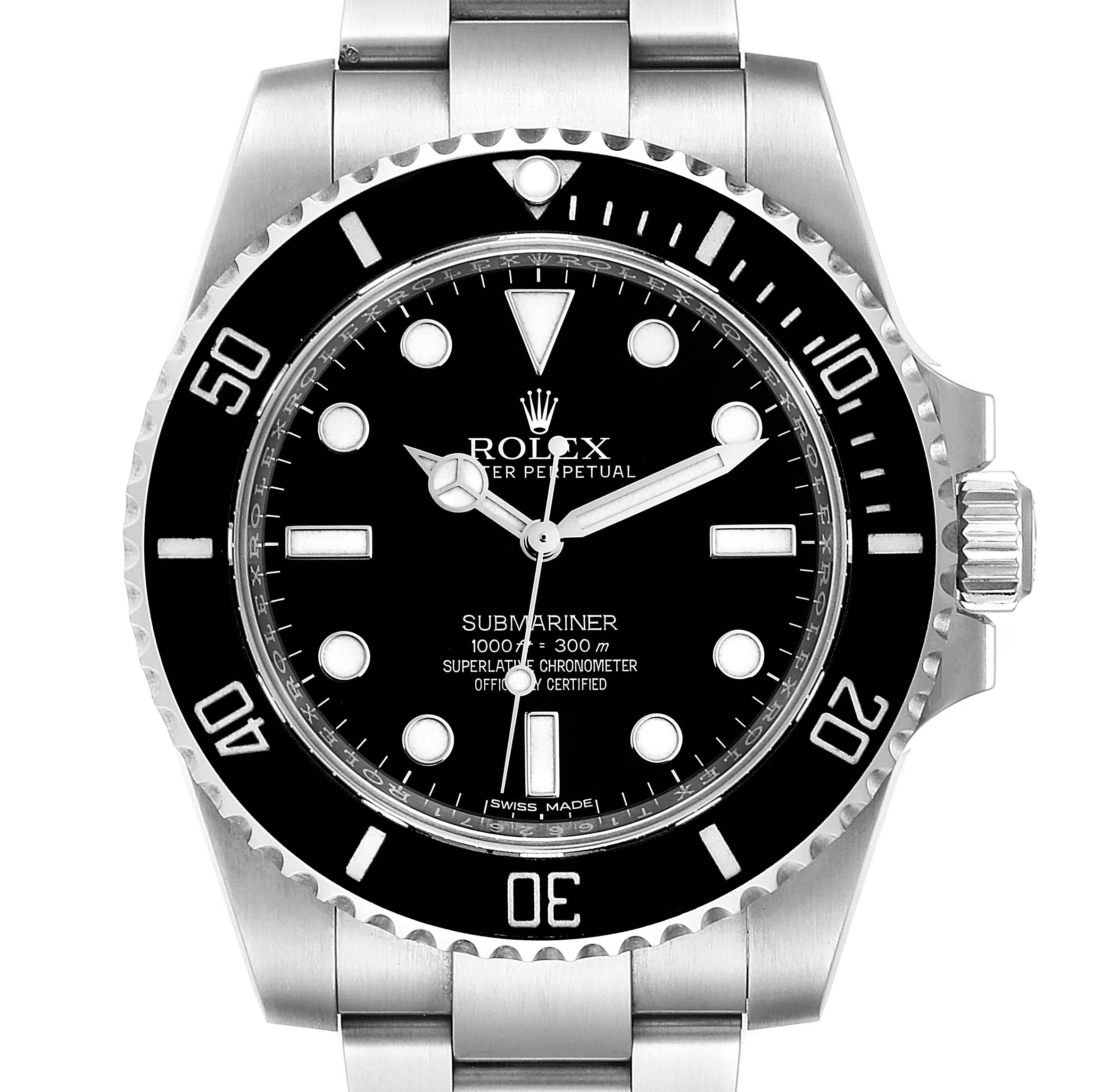 The image shows a front view of a Rolex Submariner 114060 Men
s Stainless Steel Black Dial 114060 Men
s Stainless Steel Black Dial watch, including the black dial, bezel, and part of the stainless steel bracelet.