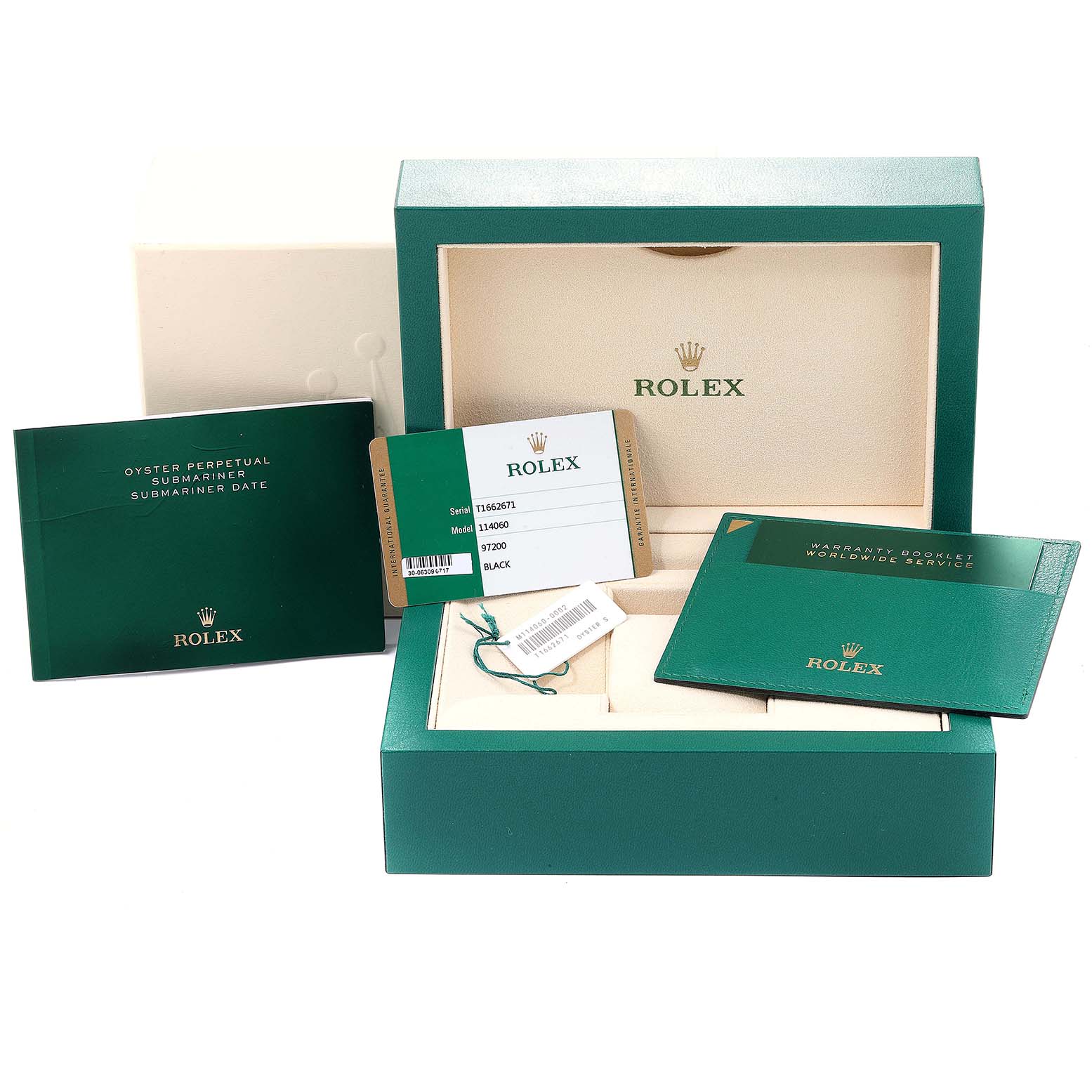The image shows a Rolex Submariner 114060 Men
s Stainless Steel Black Dial 114060 Men
s Stainless Steel Black Dial
s green box, warranty booklet, user manuals, tags, and the original packaging.