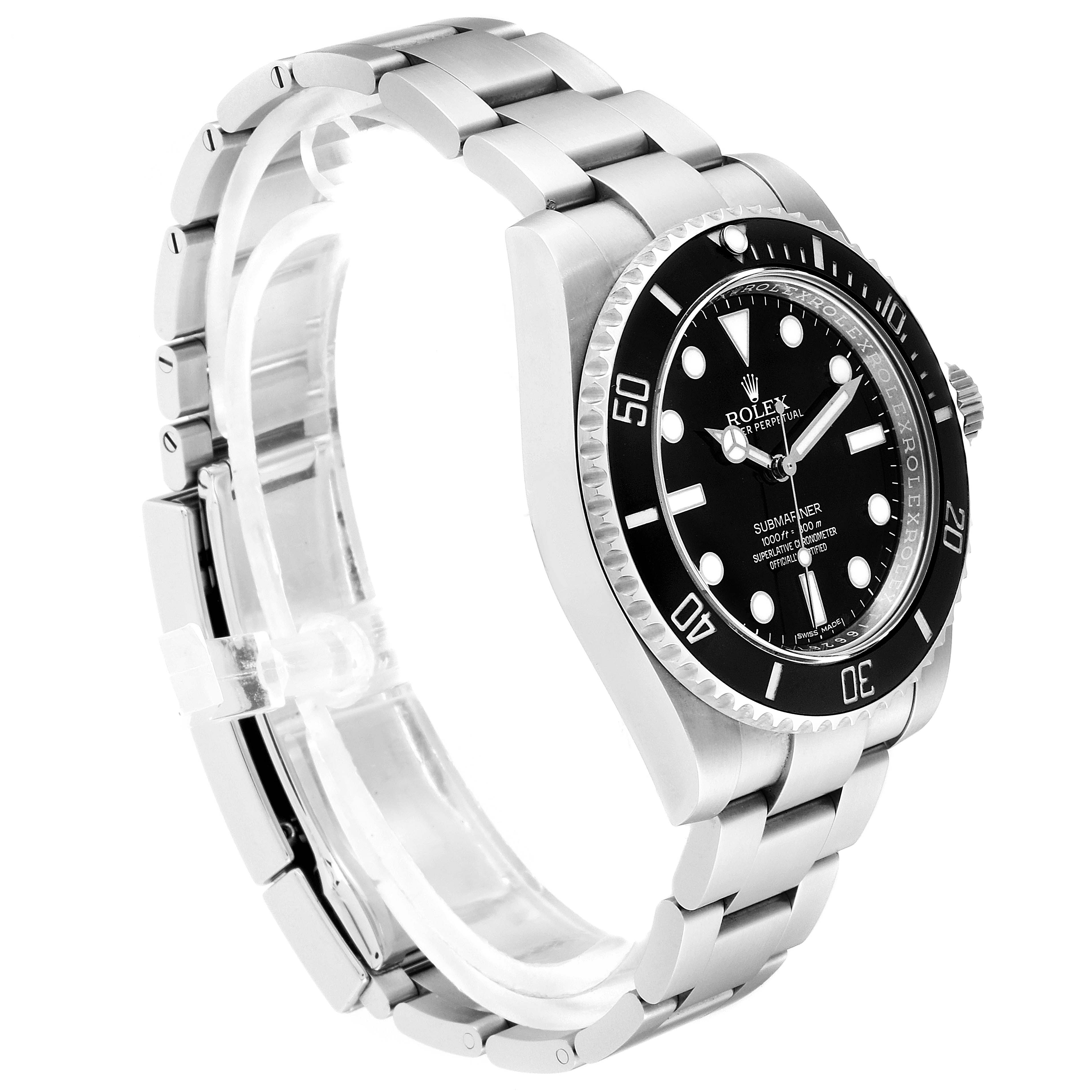 This image shows a side-angle view of the Rolex Submariner 114060 Men
s Stainless Steel Black Dial 114060 Men
s Stainless Steel Black Dial, highlighting its black dial, bezel, and stainless steel bracelet.