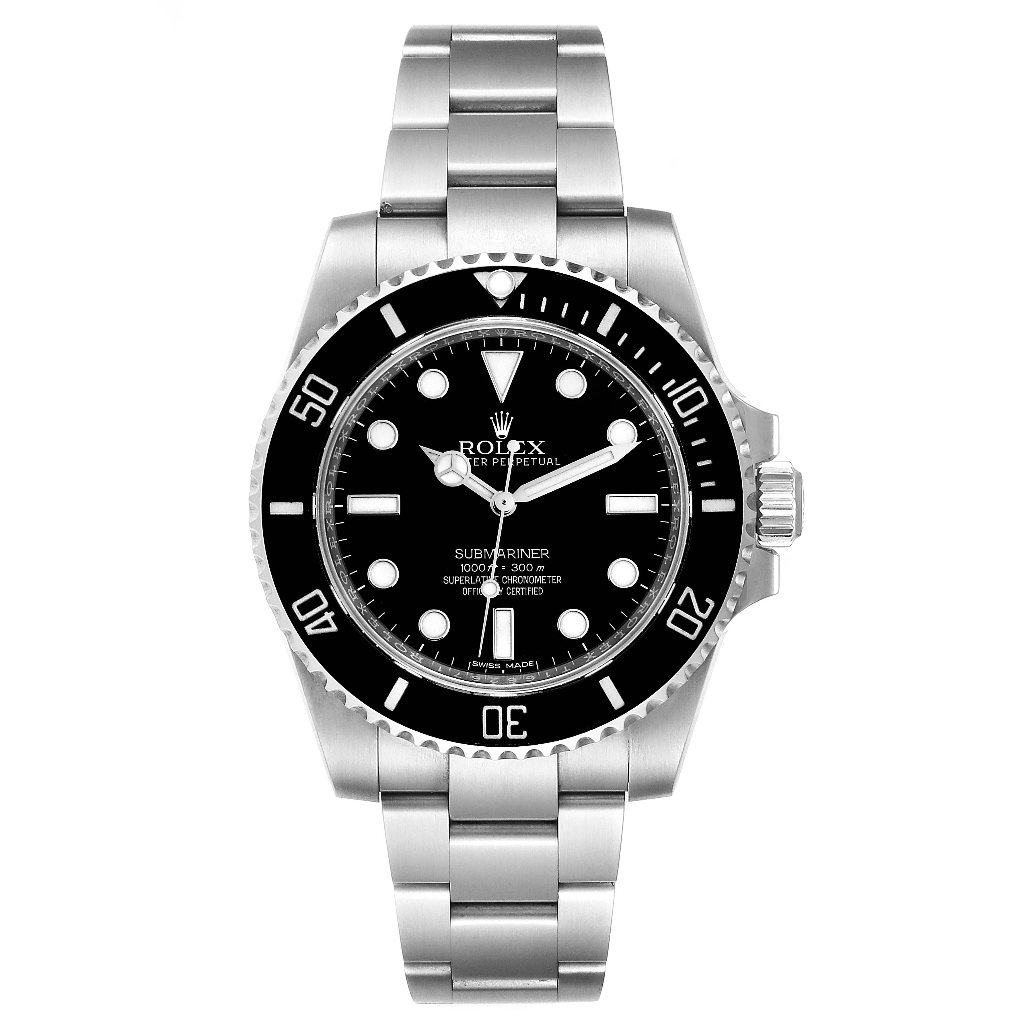 The image shows a front view of the Rolex Submariner 114060 Men
s Stainless Steel Black Dial 114060 Men
s Stainless Steel Black Dial watch, highlighting its black dial, bezel, and stainless steel bracelet.