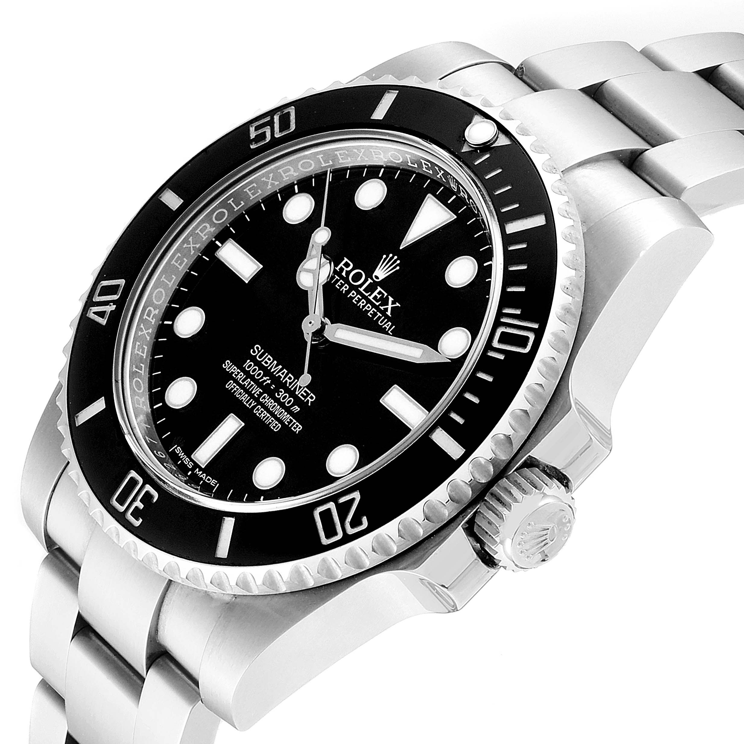 The image shows a Rolex Submariner 114060 Men
s Stainless Steel Black Dial 114060 Men
s Stainless Steel Black Dial watch at an angle highlighting the face, bezel, crown, and bracelet.