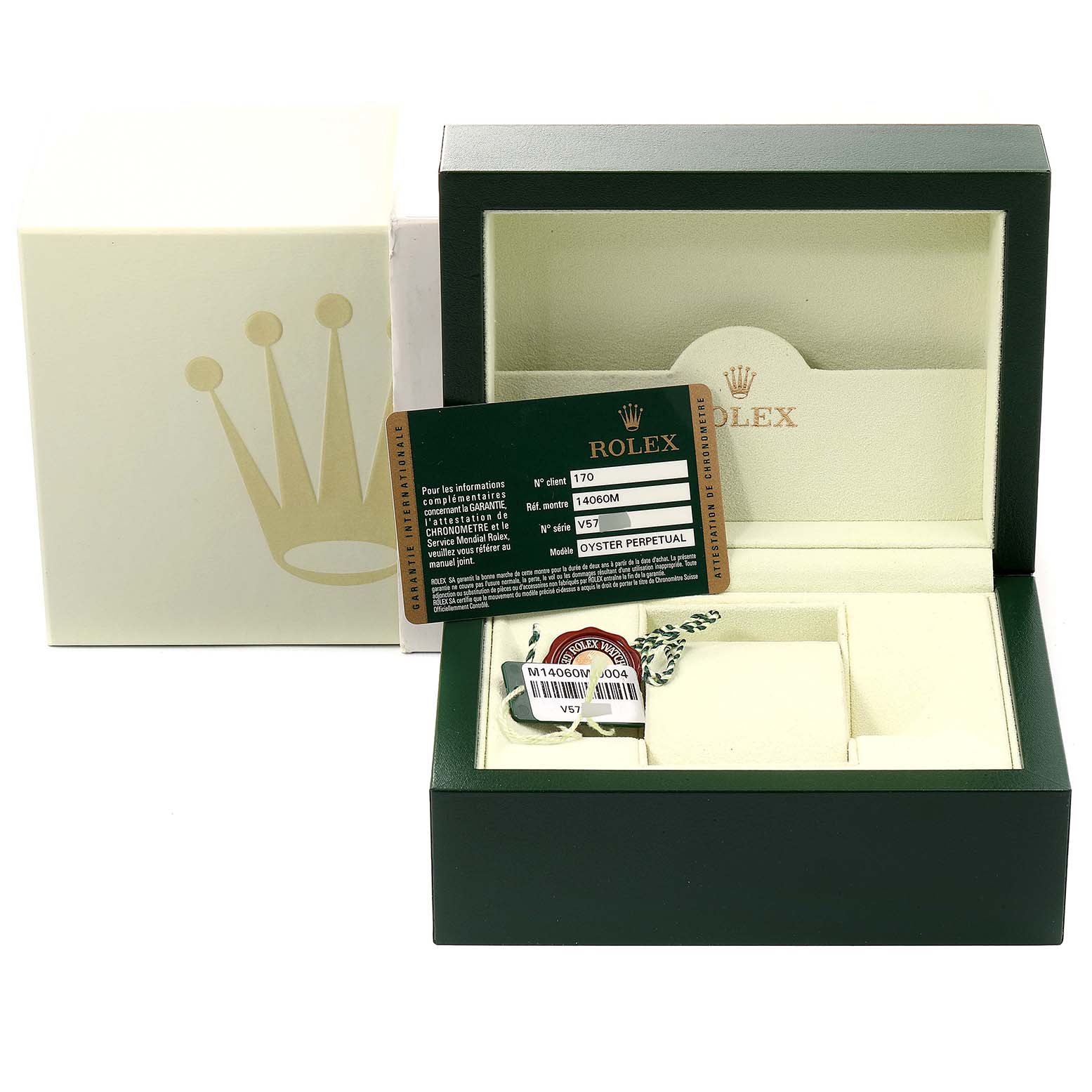The image shows a Rolex Submariner 14060 Men
s Stainless Steel Black Dial 14060 Men
s Stainless Steel Black Dial model
s packaging, including the box, warranty card, and tags.