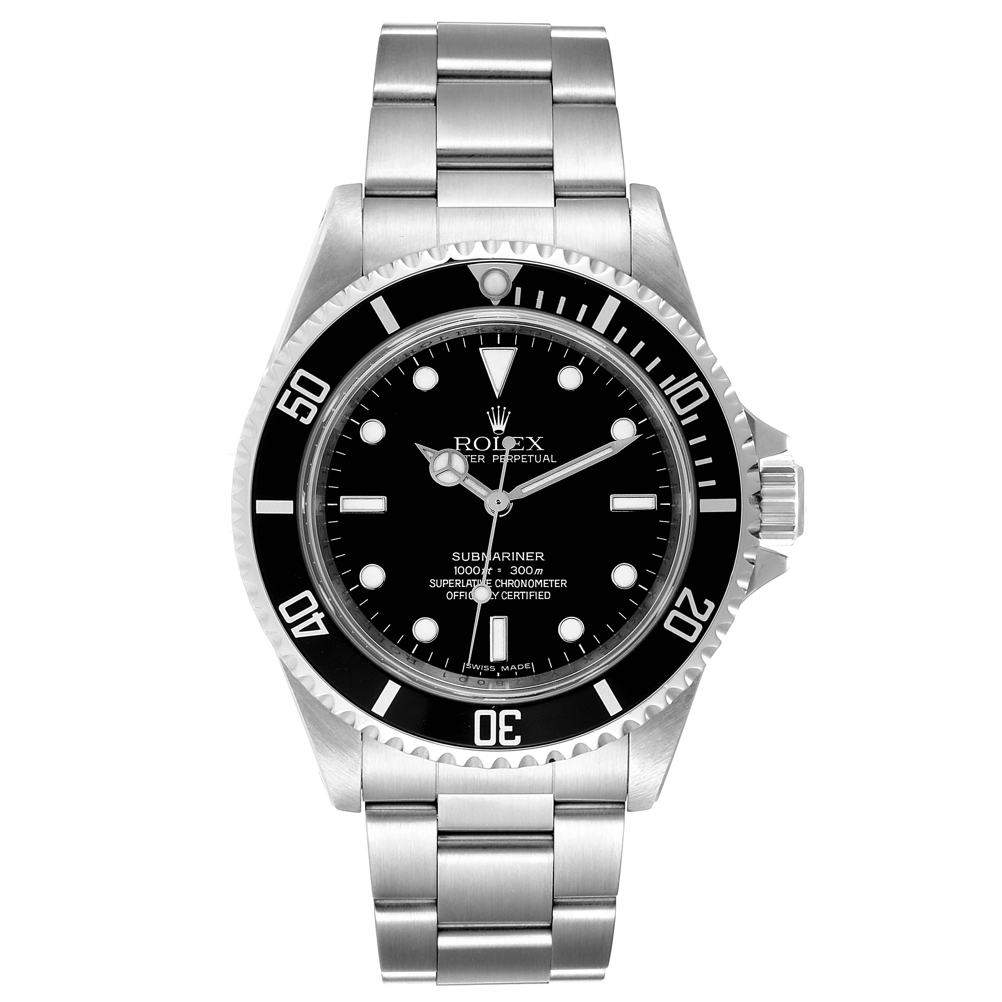 The image shows a front view of a Rolex Submariner 14060 Men
s Stainless Steel Black Dial 14060 Men
s Stainless Steel Black Dial watch, displaying its dial, bezel, case, and bracelet.