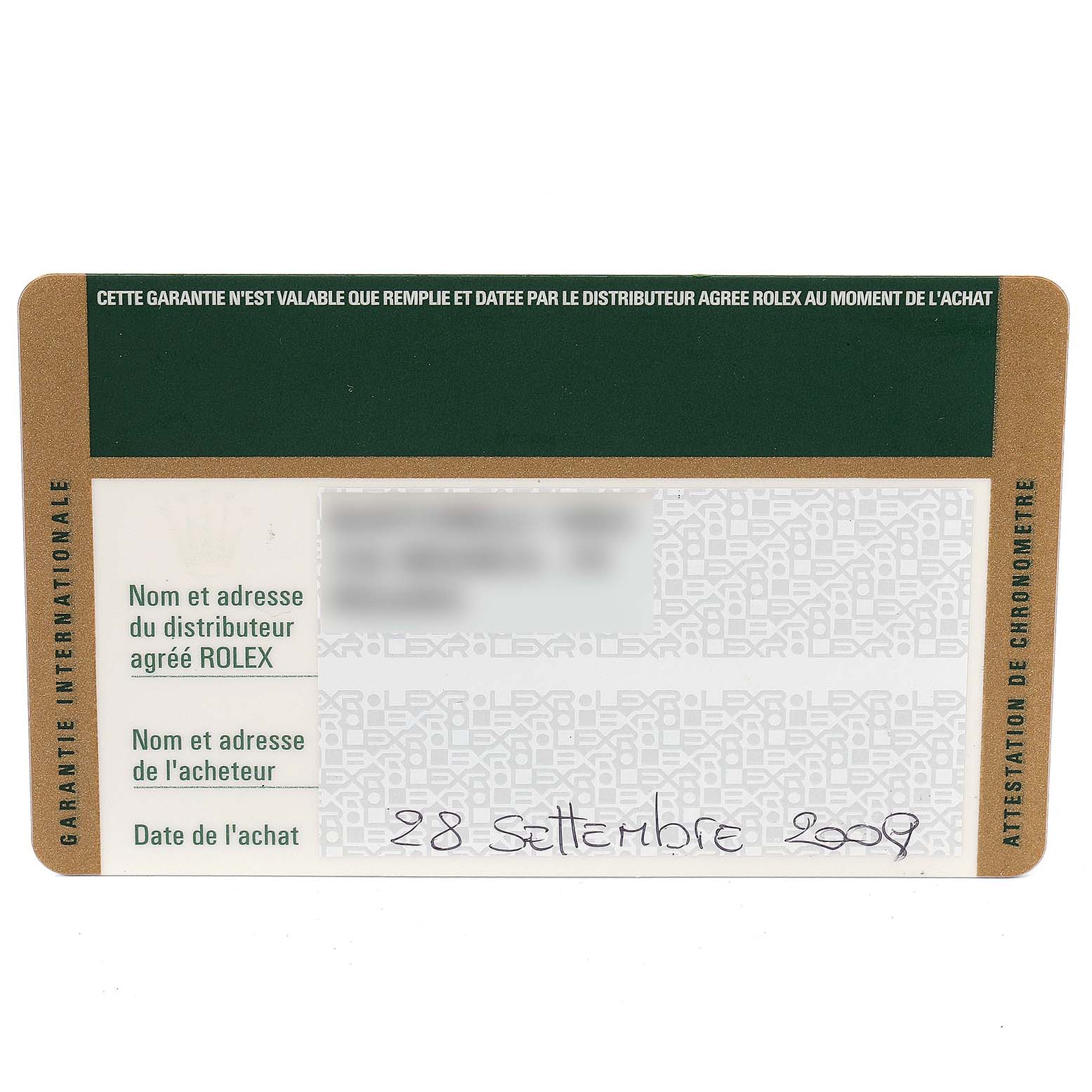 This image shows a warranty card for the Rolex Submariner 14060 Men
s Stainless Steel Black Dial 14060 Men
s Stainless Steel Black Dial model, including date of purchase and distributor details.