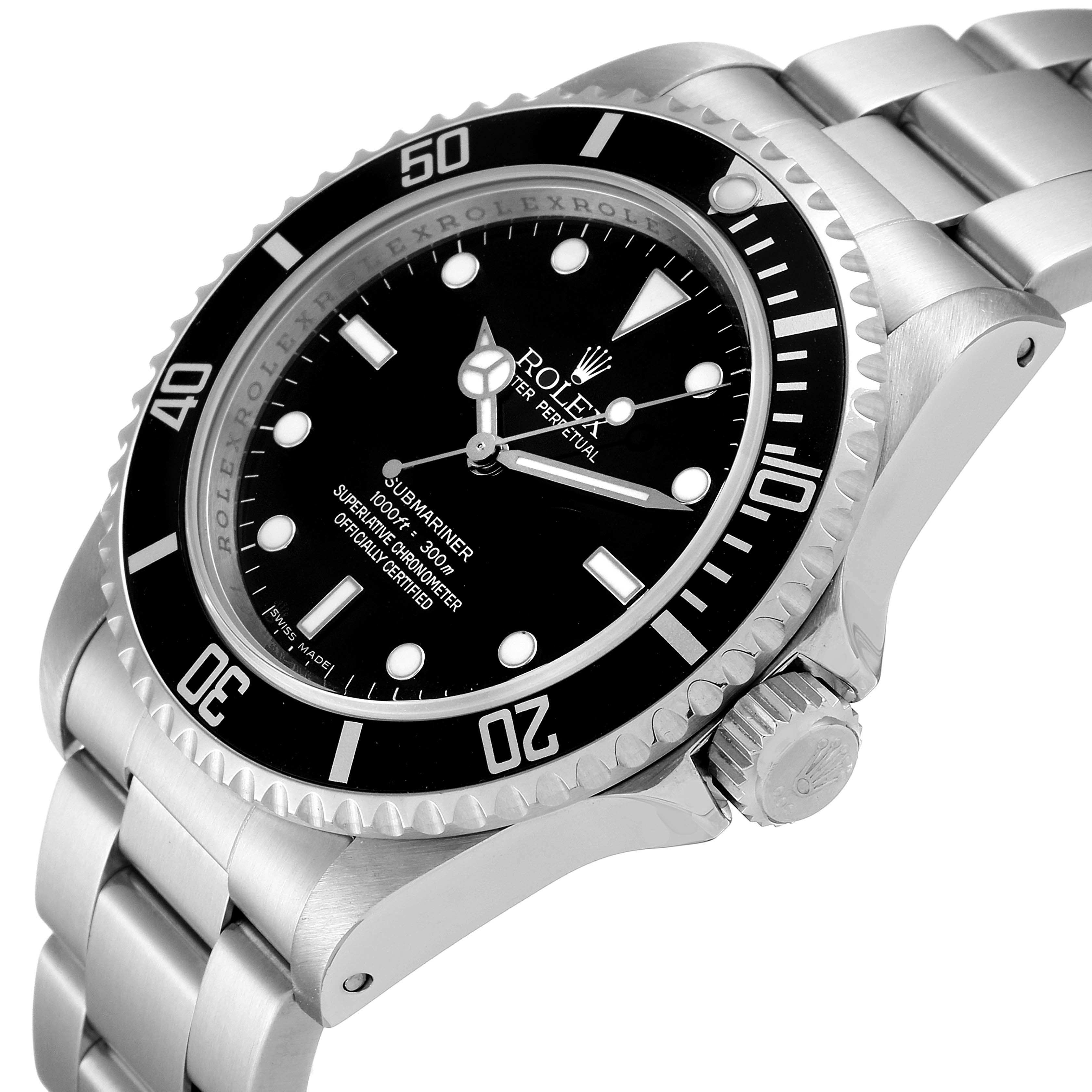 The image shows a side angle of a Rolex Submariner 14060 Men
s Stainless Steel Black Dial 14060 Men
s Stainless Steel Black Dial watch, highlighting the dial, bezel, crown, and part of the stainless steel bracelet.