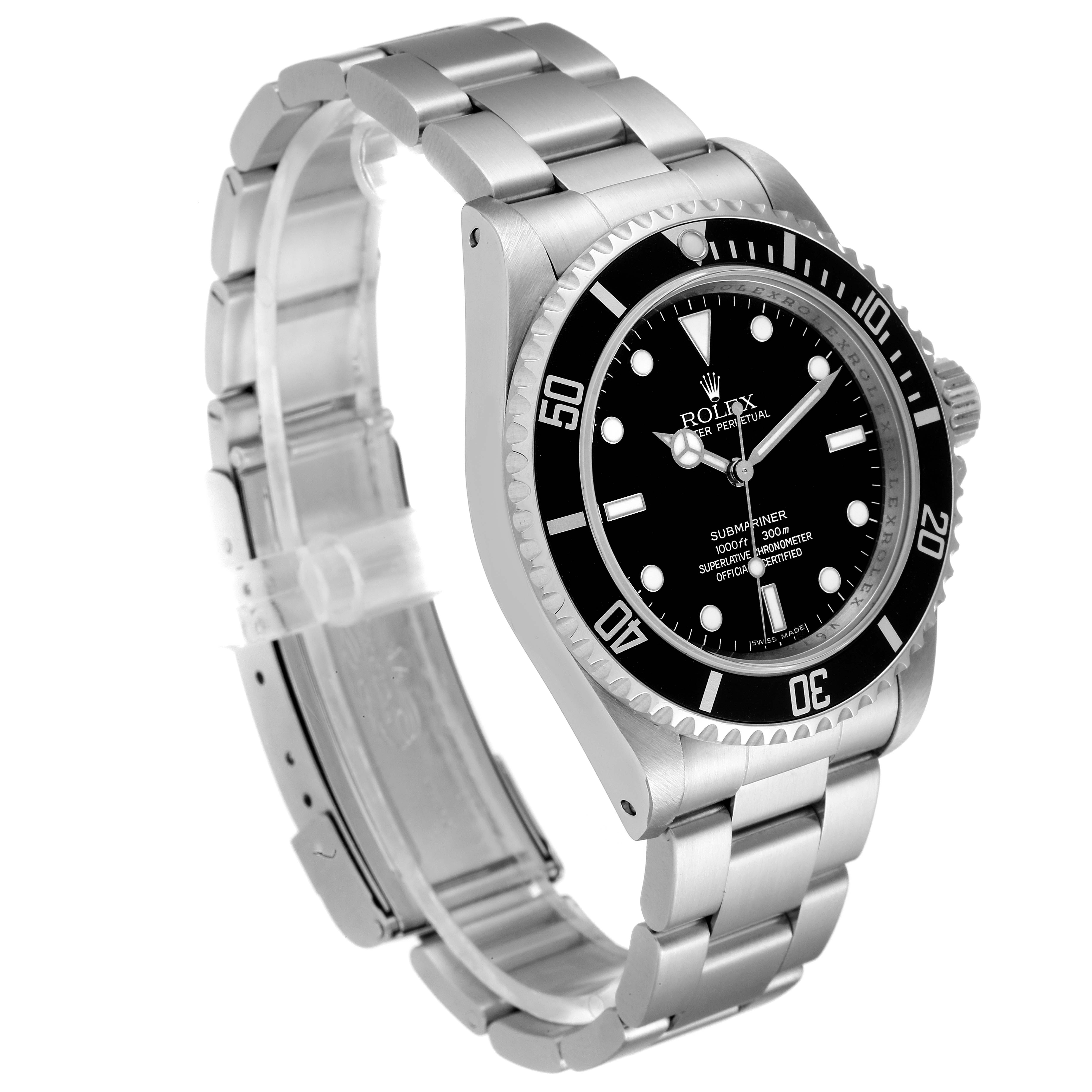 The Rolex Submariner 14060 Men
s Stainless Steel Black Dial 14060 Men
s Stainless Steel Black Dial watch is shown at a slight angle, displaying the face, bezel, crown, and bracelet.