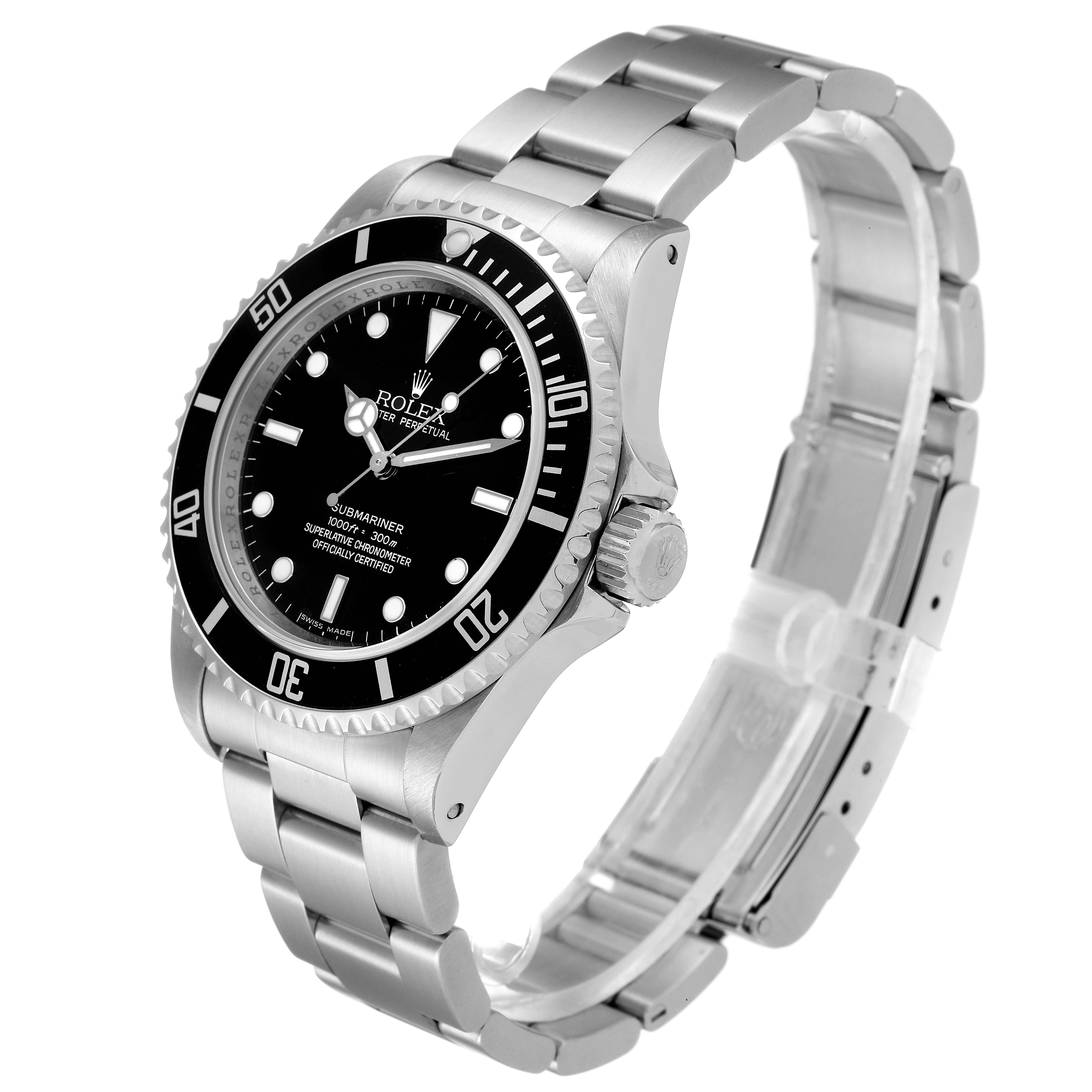 This image shows the Rolex Submariner 14060 Men
s Stainless Steel Black Dial 14060 Men
s Stainless Steel Black Dial watch at a three-quarter angle, highlighting its bezel, dial, and metal bracelet.