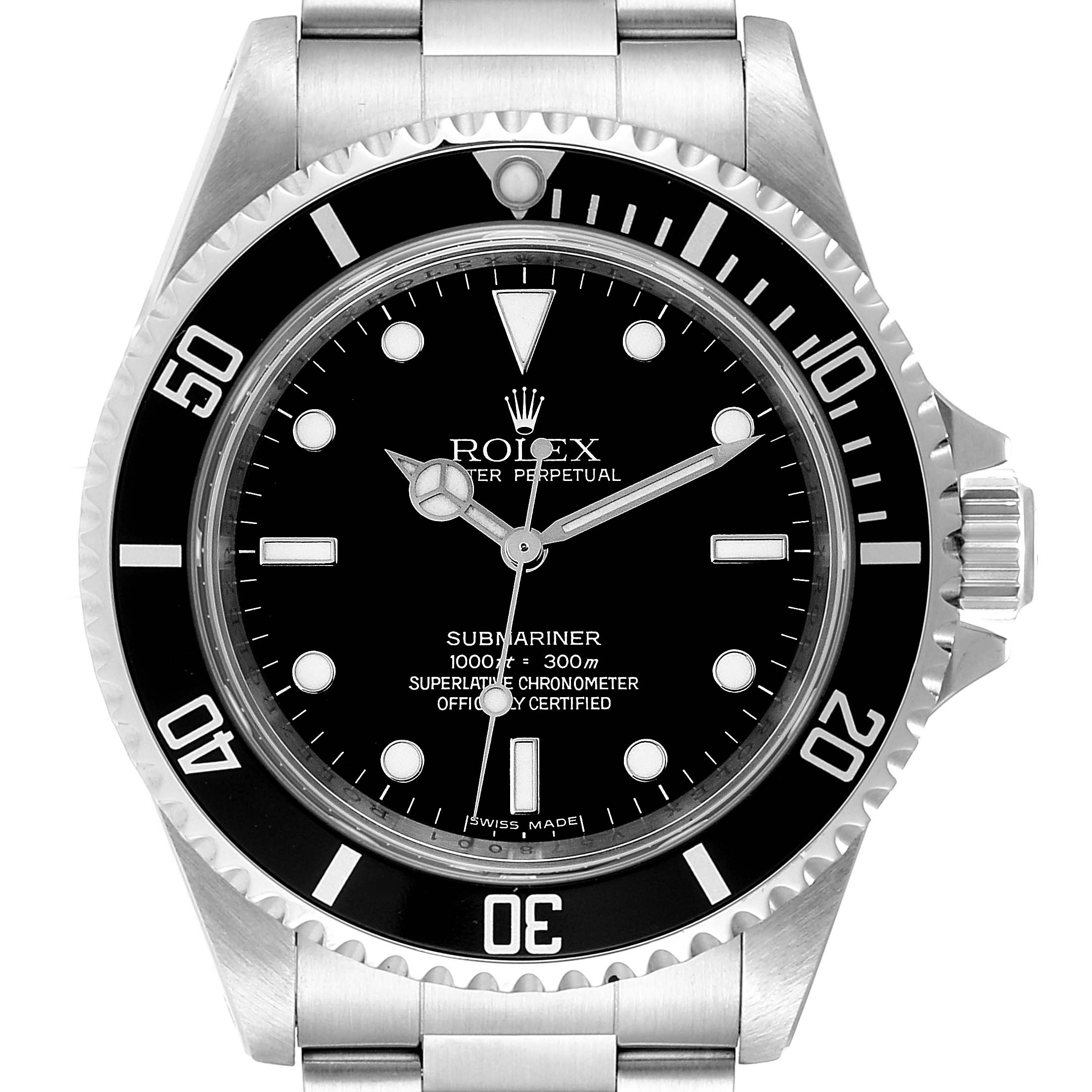 The image shows a front view of a Rolex Submariner 14060 Men
s Stainless Steel Black Dial 14060 Men
s Stainless Steel Black Dial watch, including the dial, bezel, and part of the bracelet.