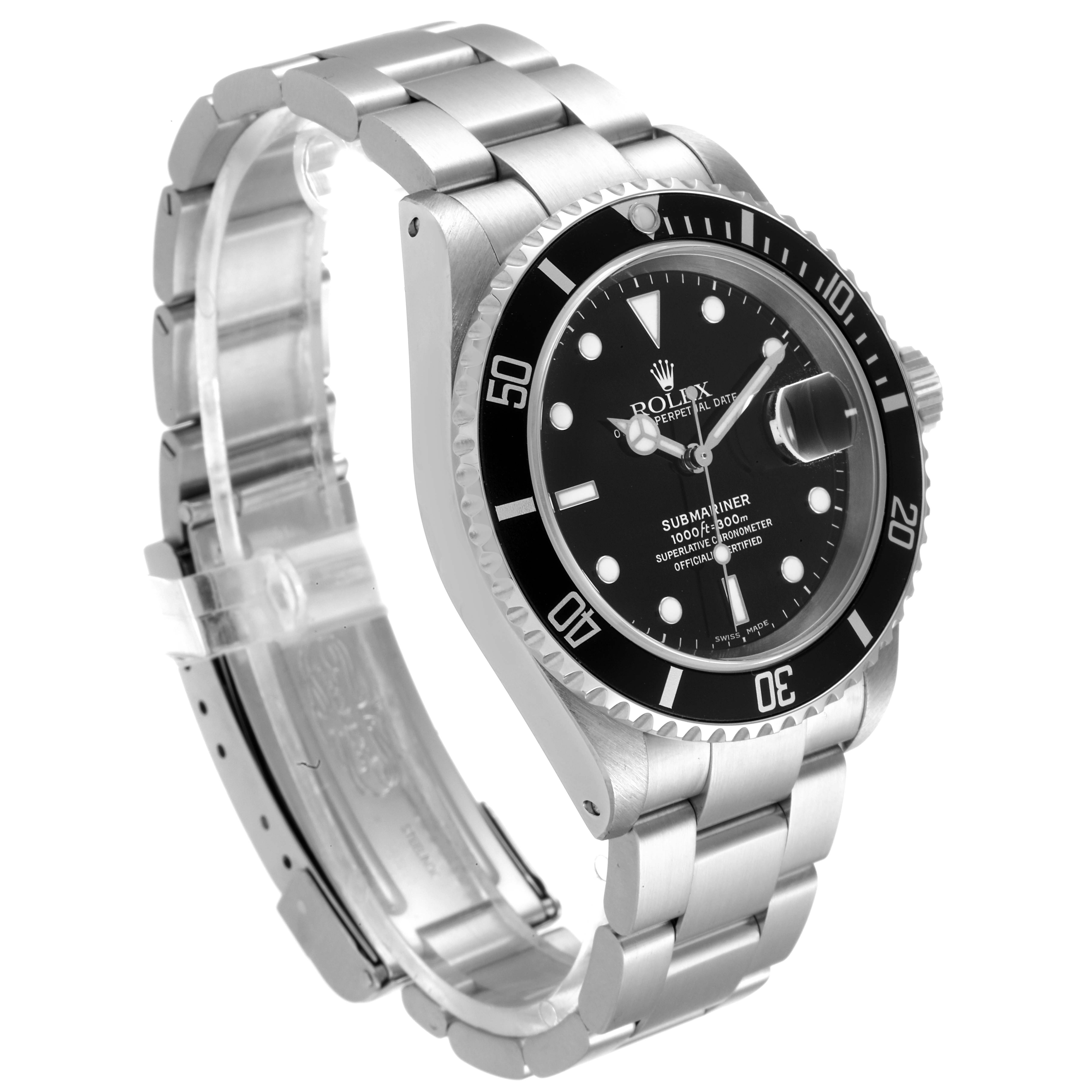 The Rolex Submariner 16610 Men
s Stainless Steel Black Dial 16610 Men
s Stainless Steel Black Dial watch is shown at a three-quarter angle, displaying the face, bezel, crown, and stainless steel bracelet.