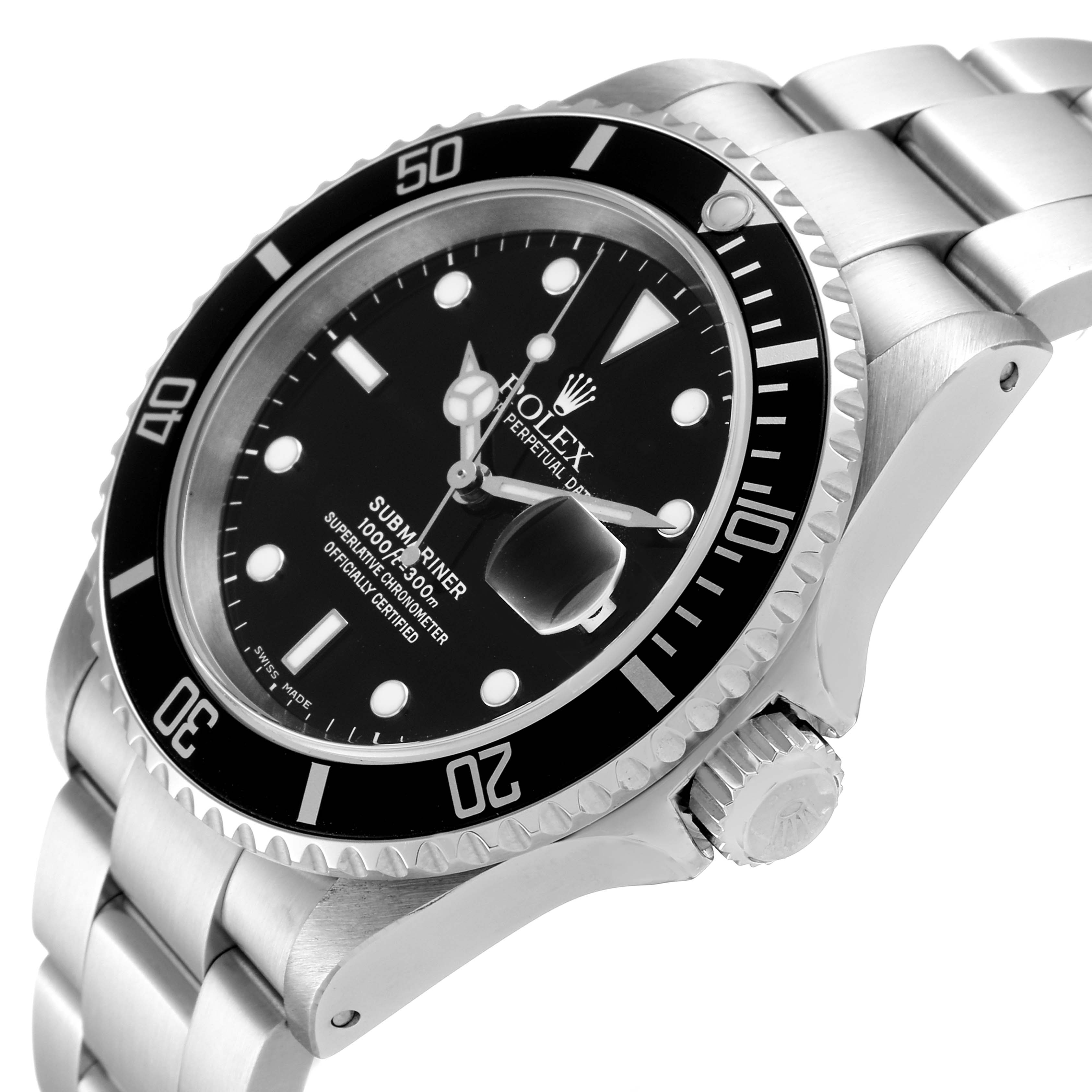 This image shows a Rolex Submariner 16610 Men
s Stainless Steel Black Dial 16610 Men
s Stainless Steel Black Dial watch at an angled view, highlighting the bezel, dial, and crown.