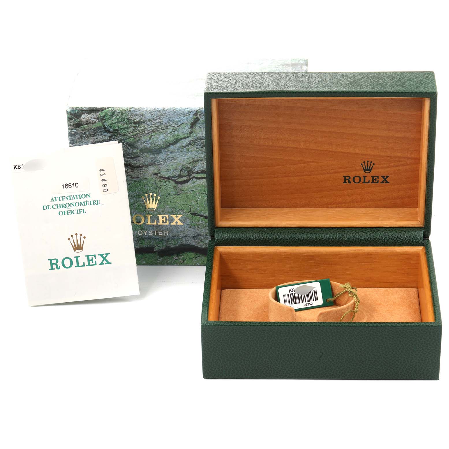 The image shows the open box, cushion, outer box, and certificate for a Rolex Submariner 16610 Men
s Stainless Steel Black Dial 16610 Men
s Stainless Steel Black Dial.
