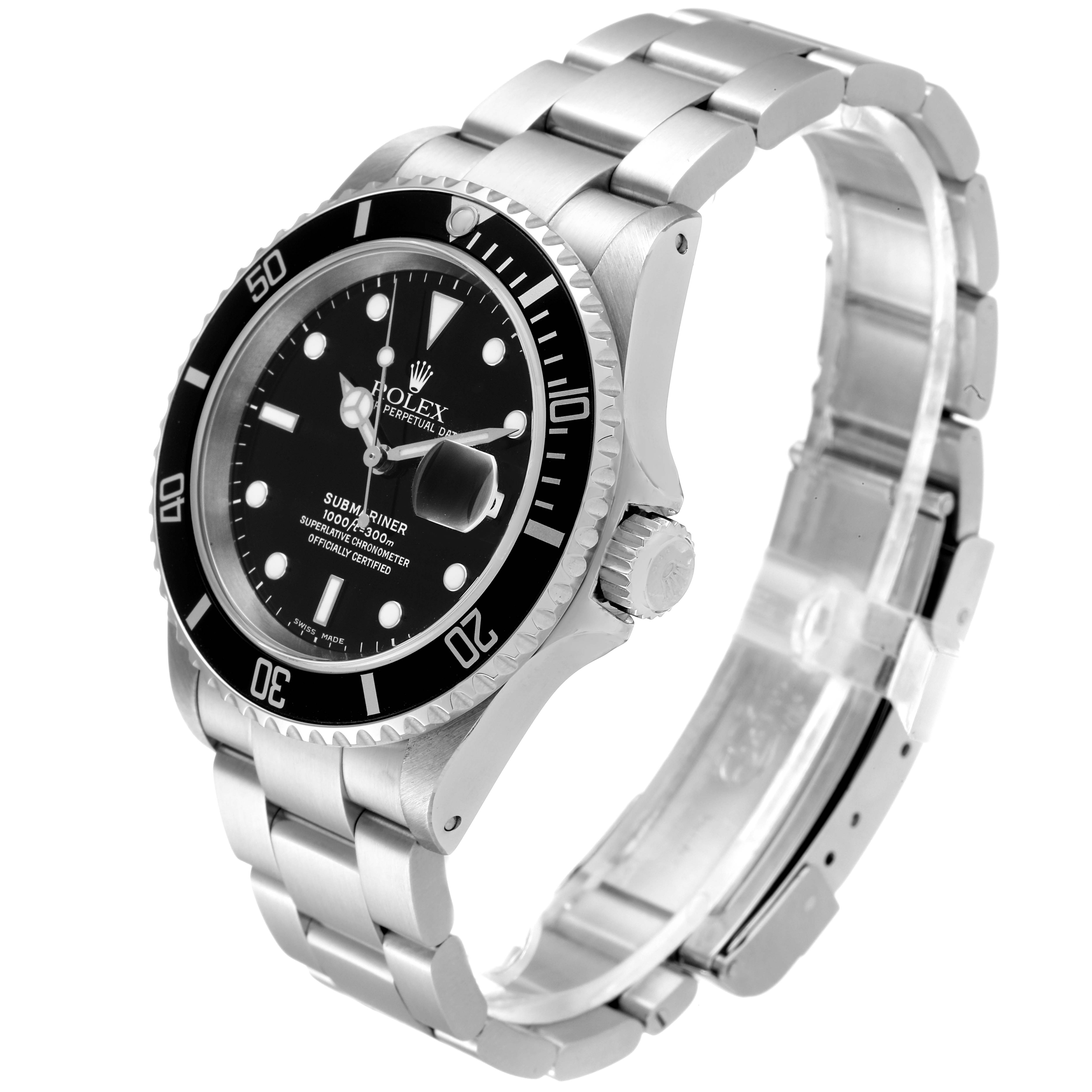 The Rolex Submariner 16610 Men
s Stainless Steel Black Dial 16610 Men
s Stainless Steel Black Dial watch is shown at a slight angle, highlighting the face, bezel, crown, and part of the metal bracelet.